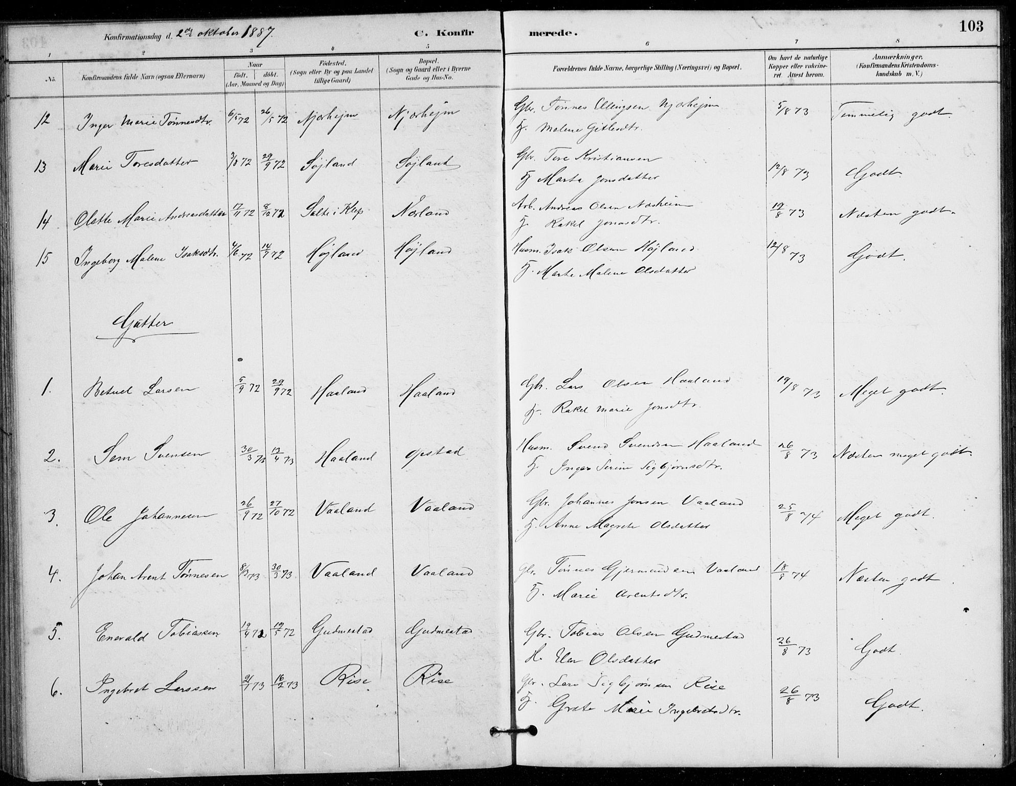 Hå sokneprestkontor, AV/SAST-A-101801/001/30BB/L0003: Klokkerbok nr. B 3, 1883-1894, s. 103