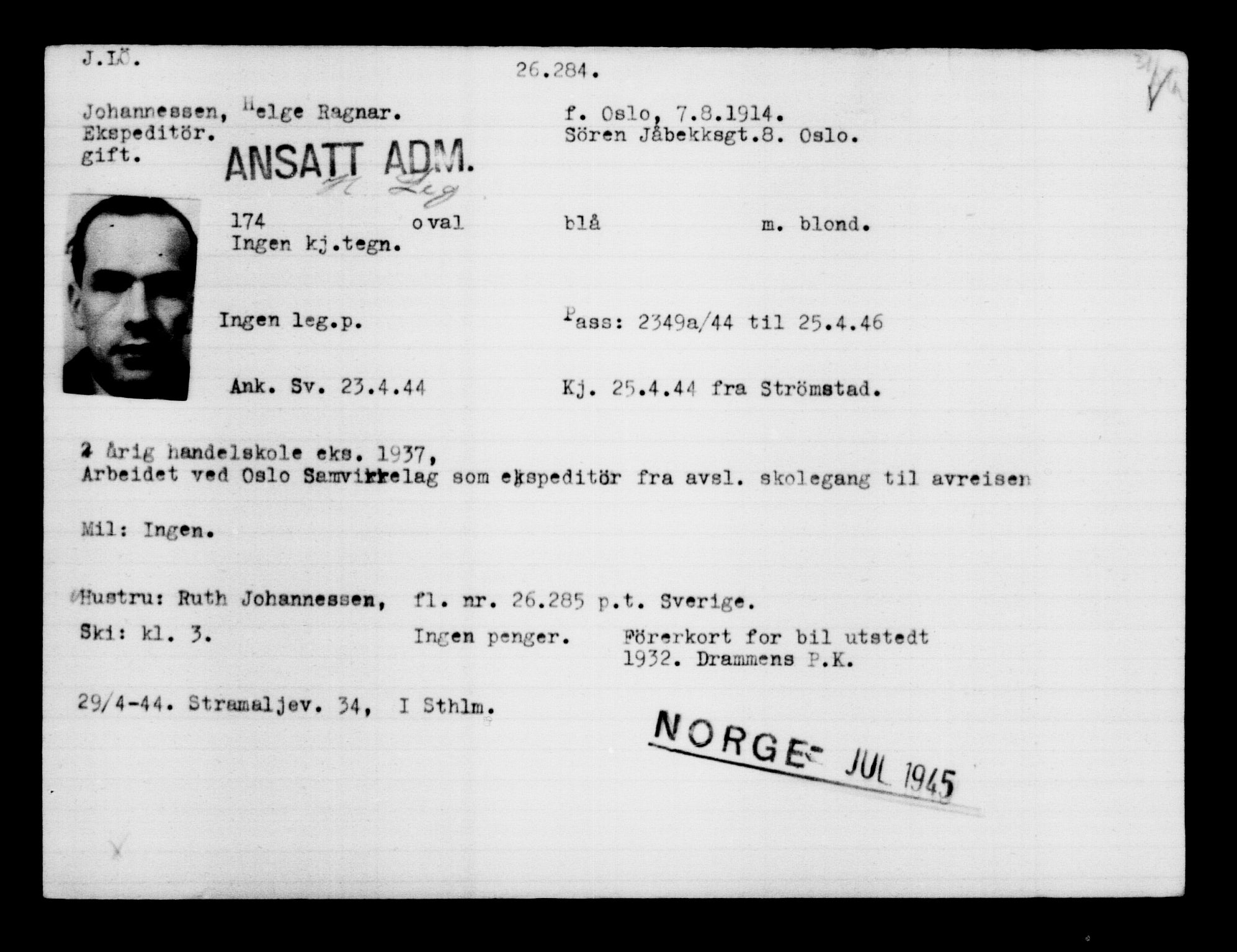 Utenriksstasjonene, Legasjonen i Stockholm, Flyktningkontoret, AV/RA-S-6753/V/Va/L0011: Kjesäterkartoteket, flyktninger med registreringsnr. 25300-28349, 1940-1945, s. 1037