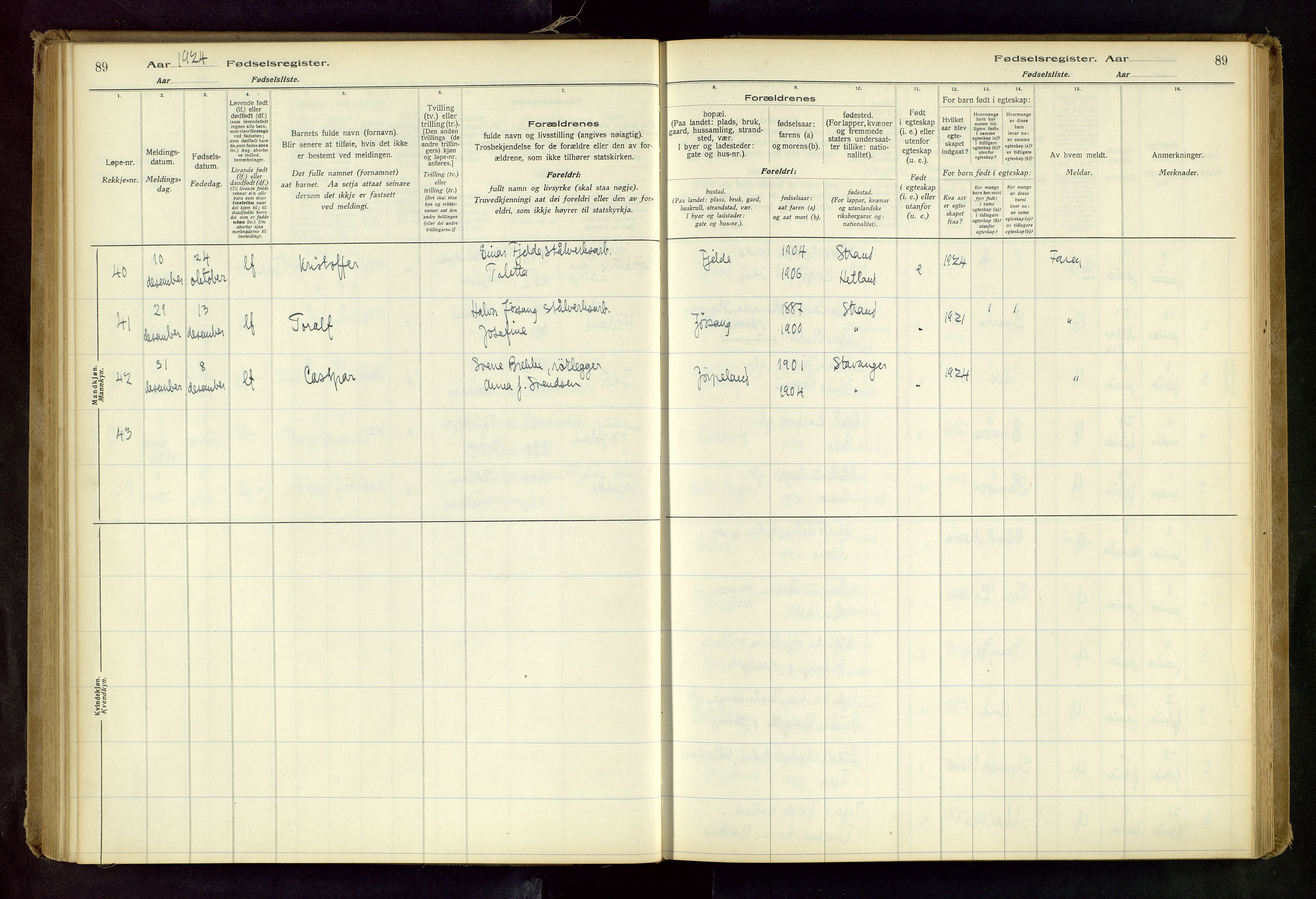 Strand sokneprestkontor, SAST/A-101828/I/Id/L0001: Fødselsregister nr. 1, 1916-1938, s. 89