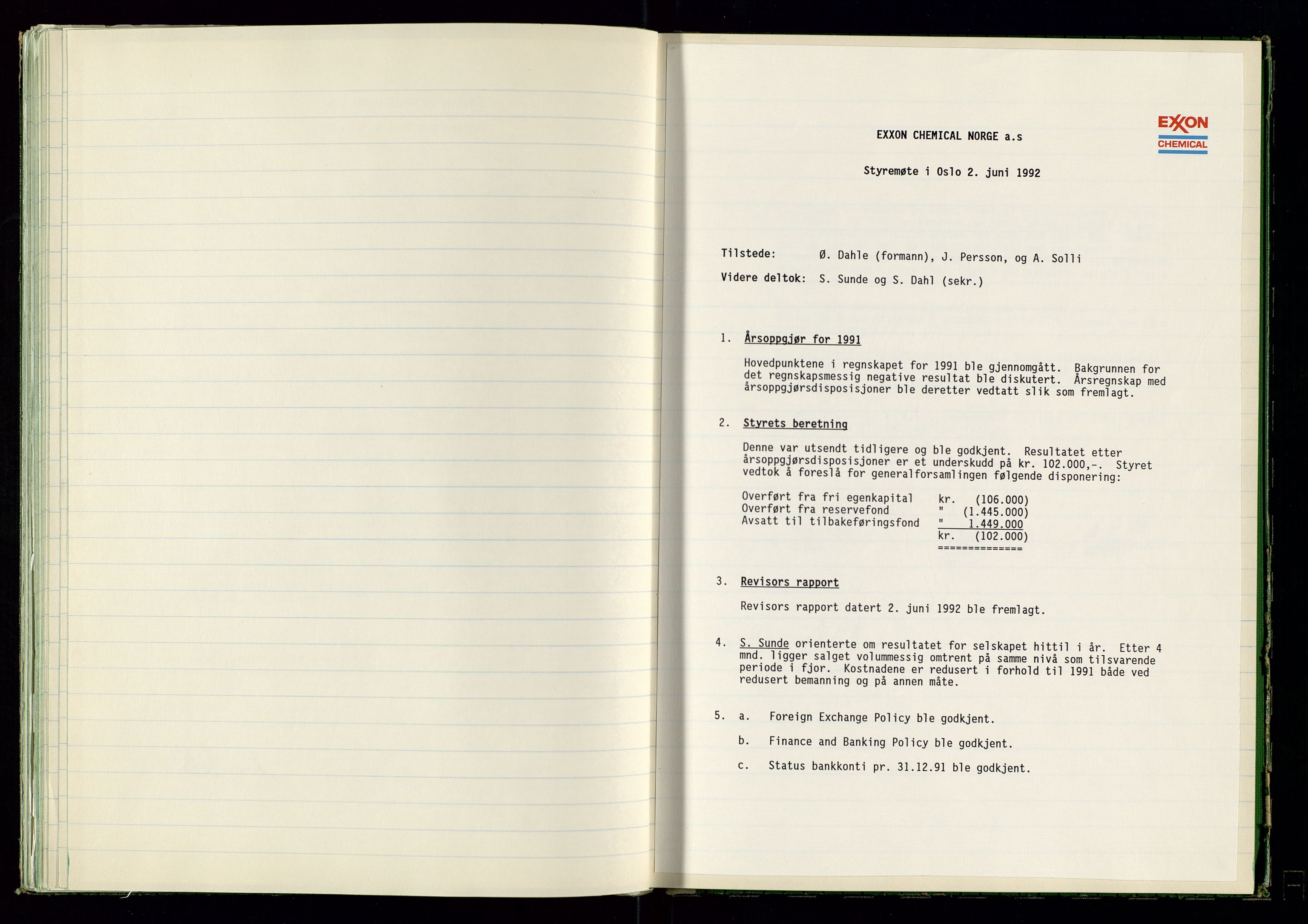 PA 1538 - Exxon Chemical Norge A/S, AV/SAST-A-101958/A/Aa/L0001/0001: Generalforsamlinger og styreprotokoller / Styreprotokoll, 1966-1996