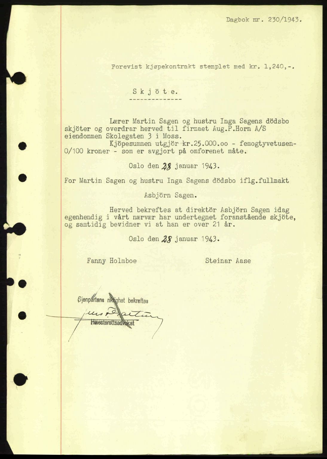 Moss sorenskriveri, SAO/A-10168: Pantebok nr. A10, 1942-1943, Dagboknr: 230/1943