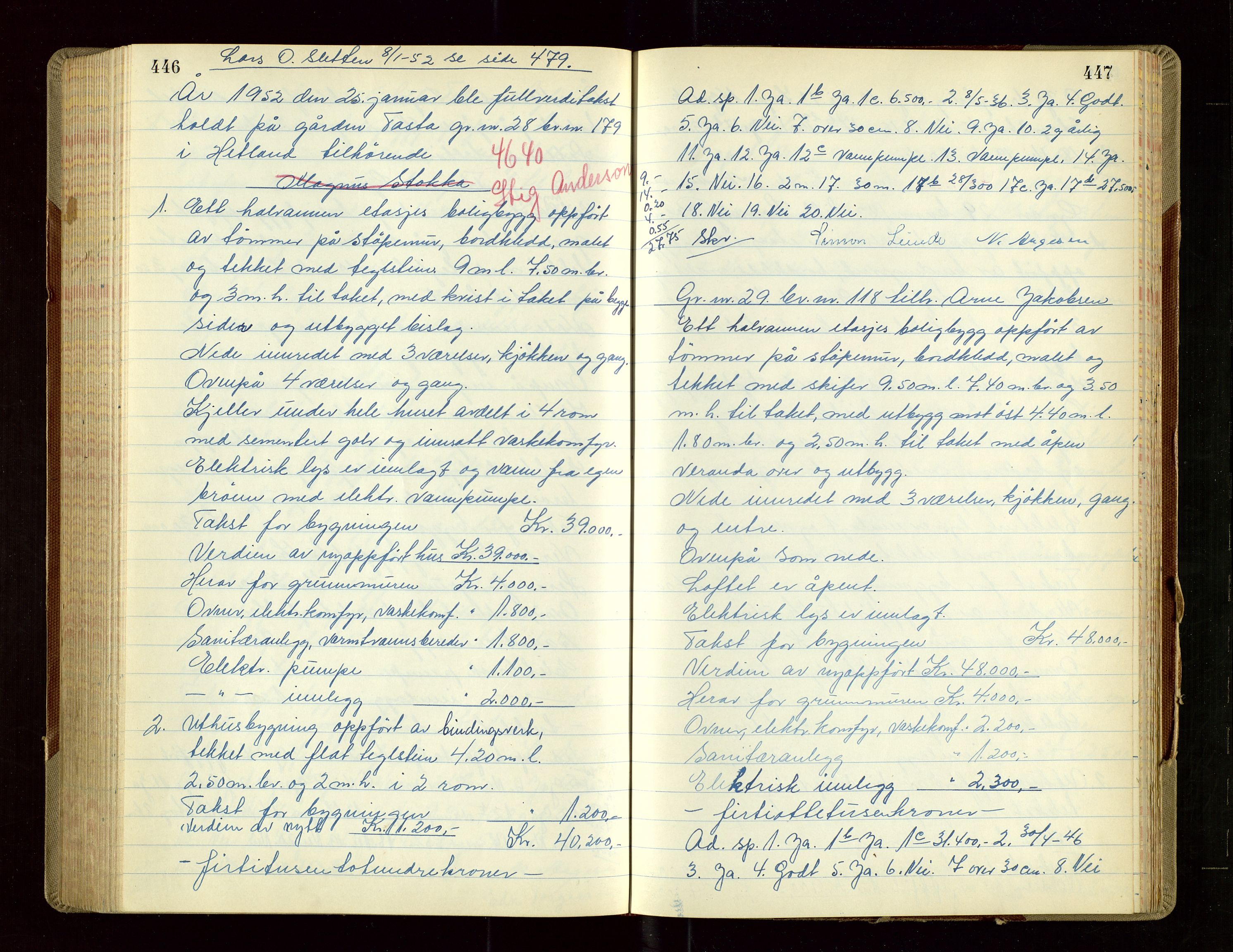 Hetland lensmannskontor, AV/SAST-A-100101/Goa/L0010: "Branntakstprotokoll", 1950-1952, s. 446-447