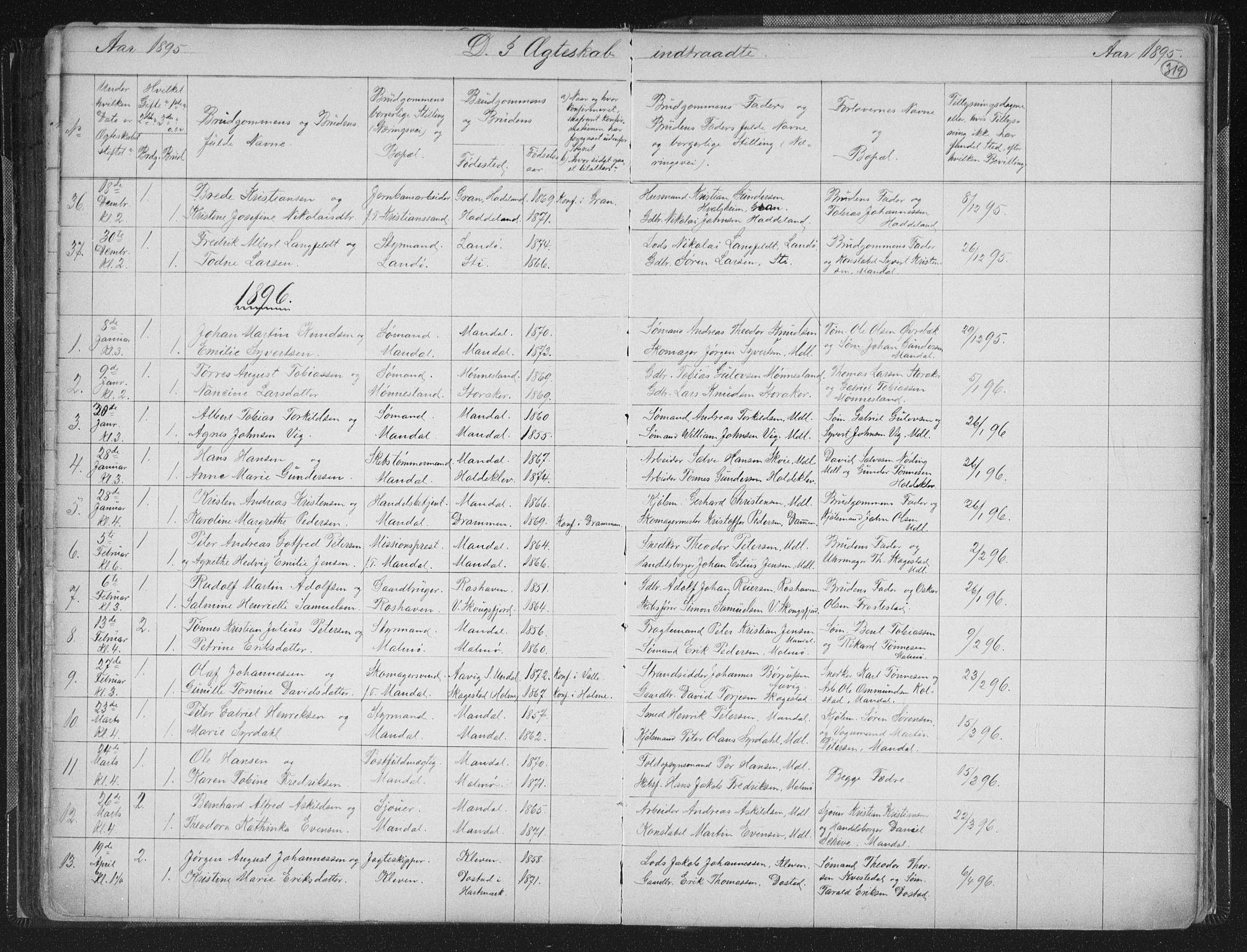 Mandal sokneprestkontor, AV/SAK-1111-0030/F/Fb/Fba/L0011: Klokkerbok nr. B 5, 1880-1898, s. 319