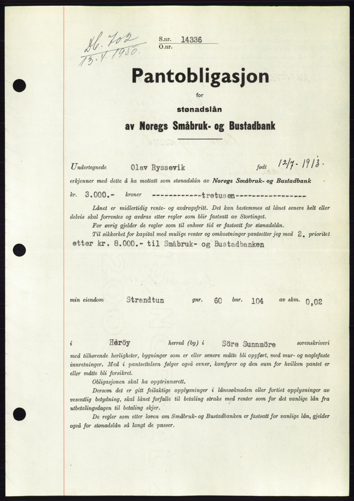 Søre Sunnmøre sorenskriveri, SAT/A-4122/1/2/2C/L0118: Pantebok nr. 6B, 1949-1950, Dagboknr: 702/1950
