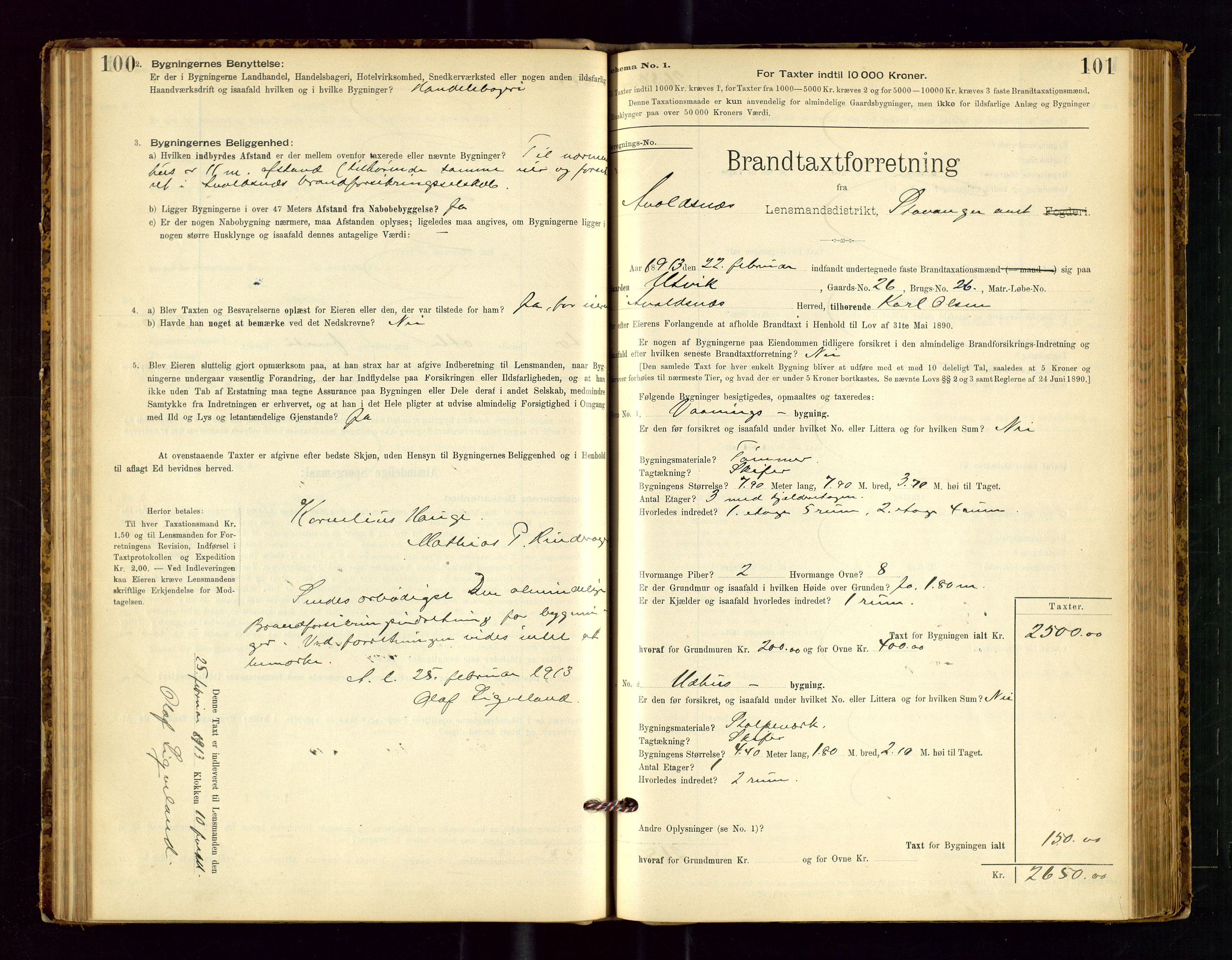 Avaldsnes lensmannskontor, SAST/A-100286/Gob/L0001: "Brandtaxationsprotokol for Avaldsnes Lensmandsdistrikt Ryfylke Fogderi", 1894-1925, s. 100-101