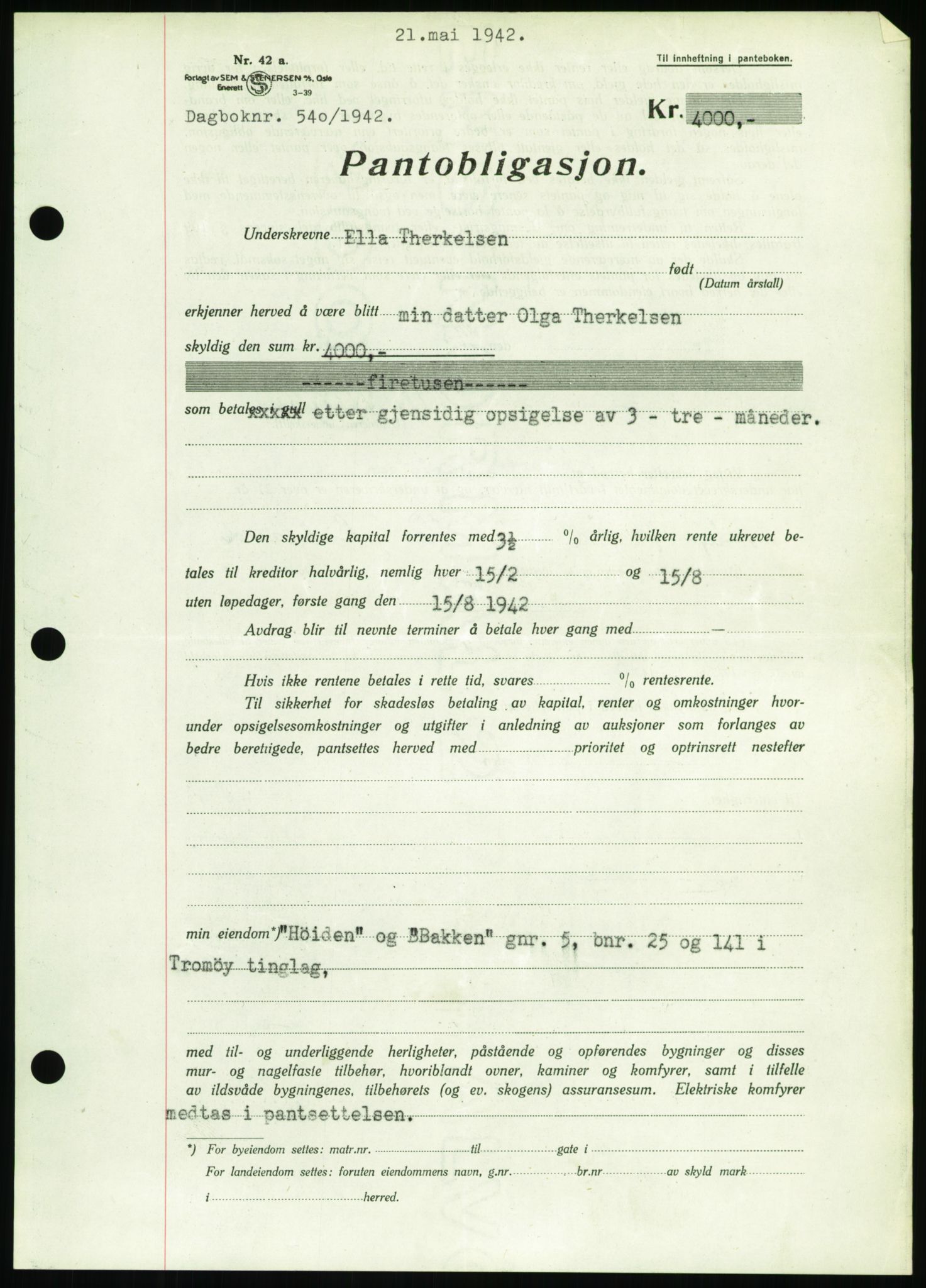 Nedenes sorenskriveri, SAK/1221-0006/G/Gb/Gbb/L0002: Pantebok nr. II, 1942-1945, Dagboknr: 540/1942