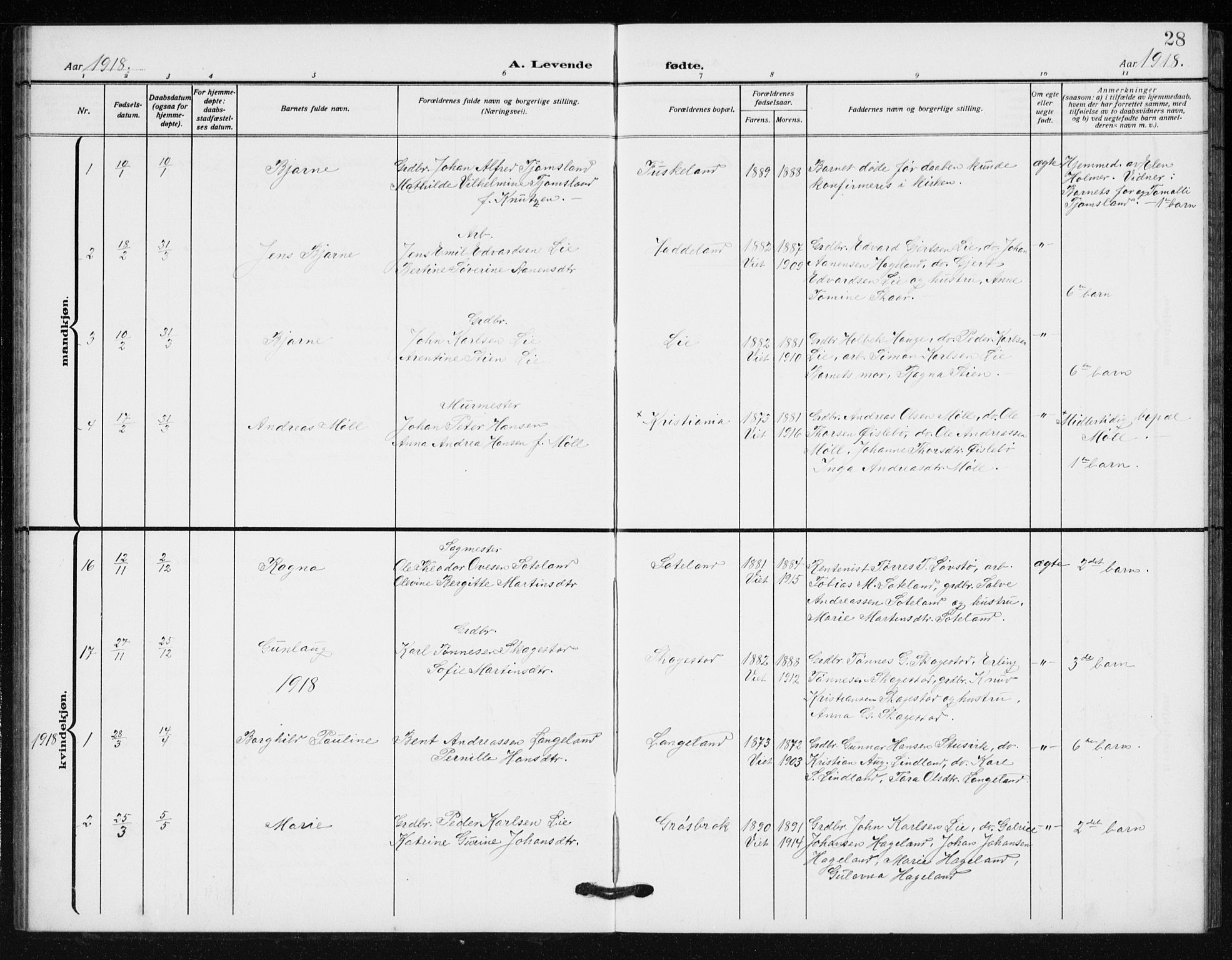 Holum sokneprestkontor, SAK/1111-0022/F/Fb/Fba/L0006: Klokkerbok nr. B 6, 1910-1936, s. 28