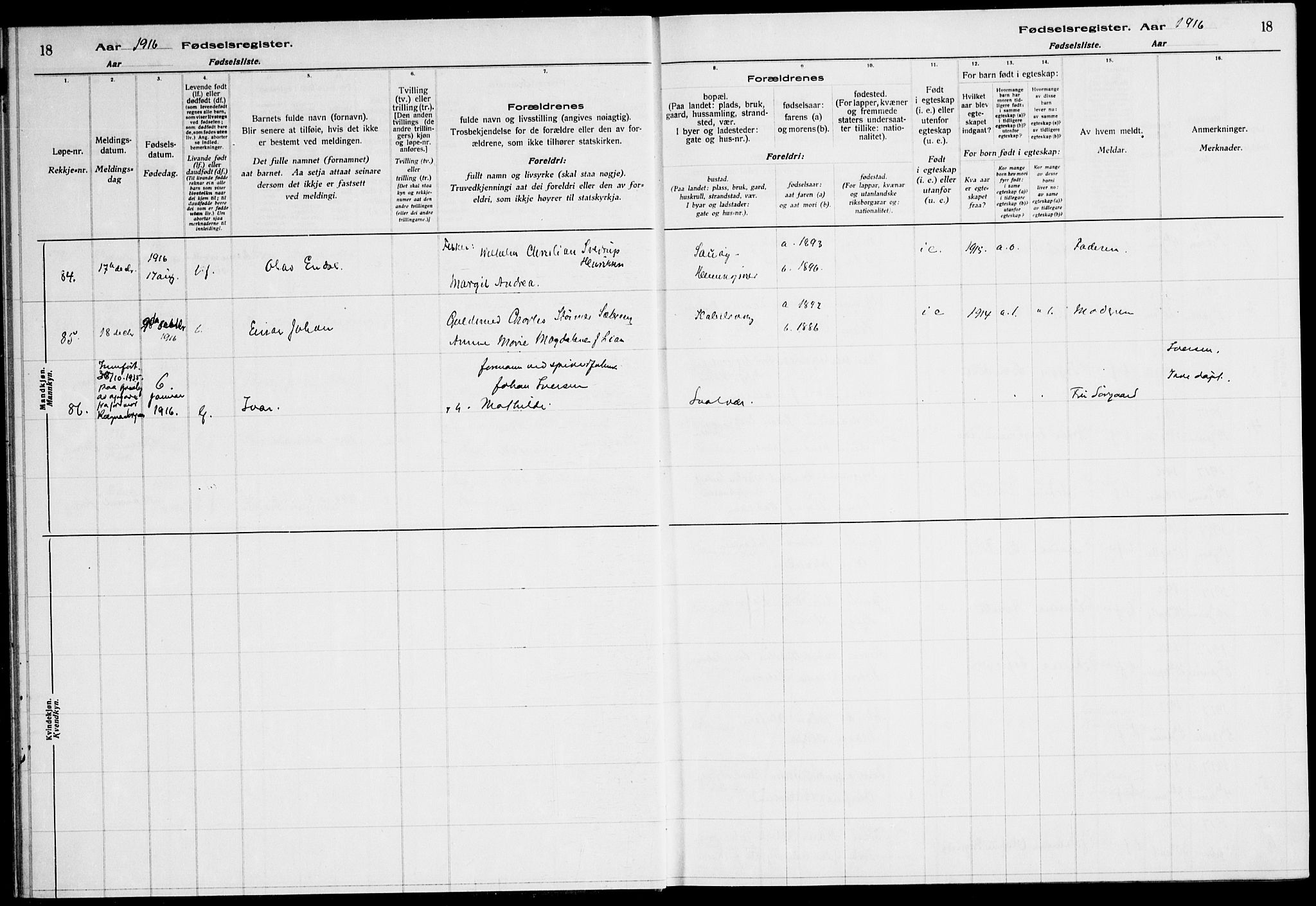 Ministerialprotokoller, klokkerbøker og fødselsregistre - Nordland, SAT/A-1459/874/L1089: Fødselsregister nr. 874.II.4.1, 1916-1926, s. 18