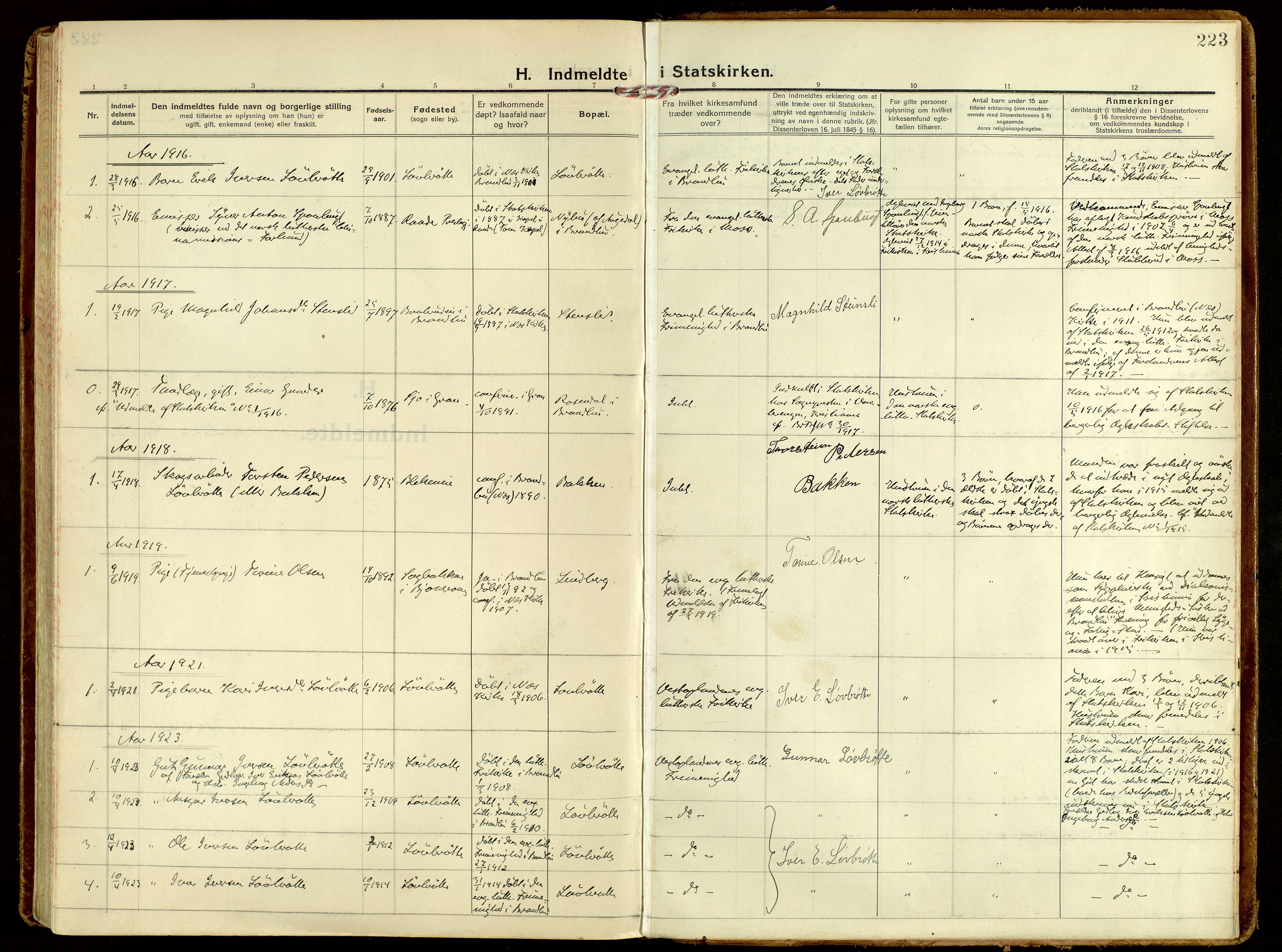 Brandbu prestekontor, AV/SAH-PREST-114/H/Ha/Haa/L0004: Ministerialbok nr. 4, 1913-1923, s. 223
