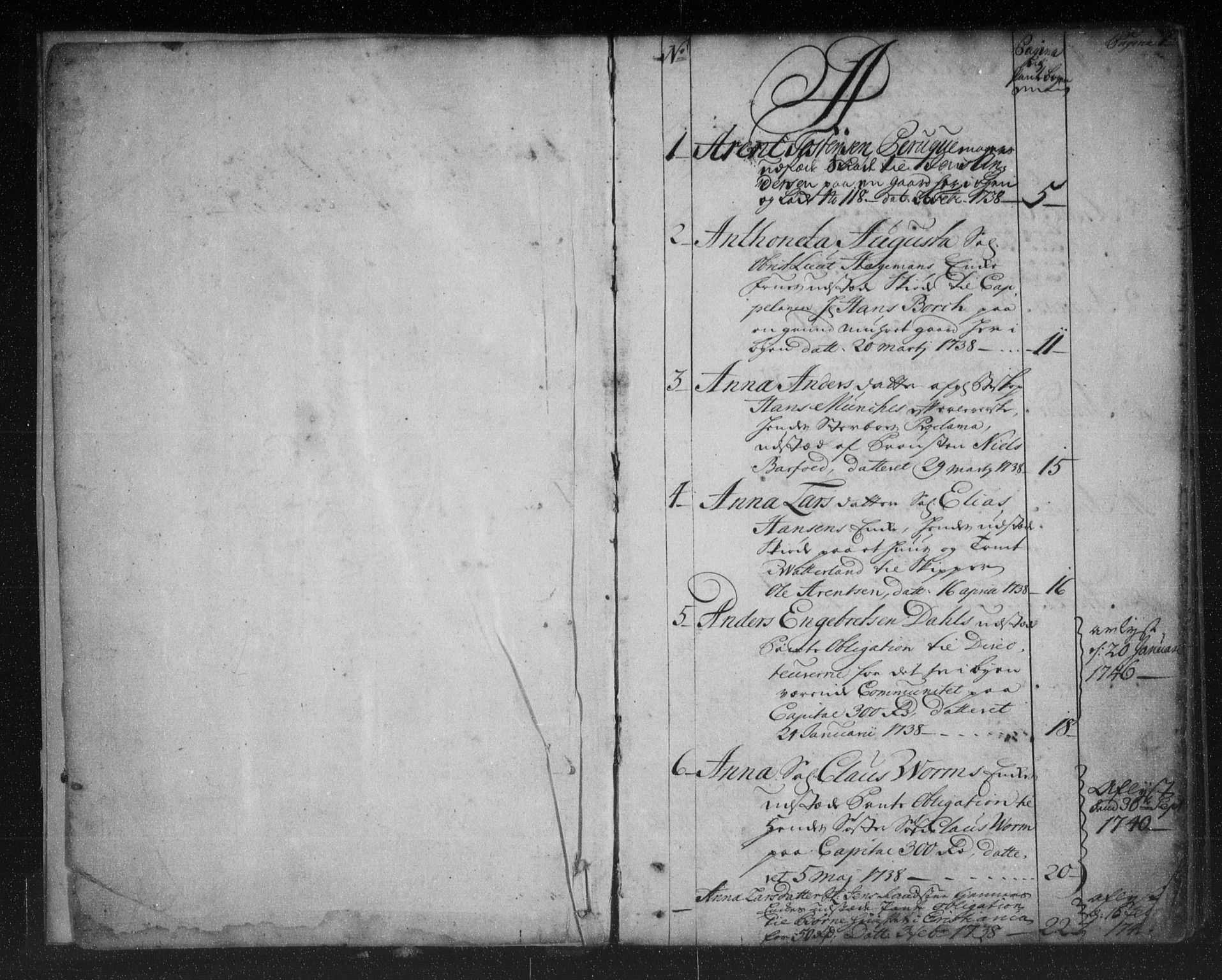 Christiania byfogd, AV/SAO-A-11543/G/Ga/Gaa/Gaaa/L0005: Panteregister nr. I 5, 1738-1746, s. 1