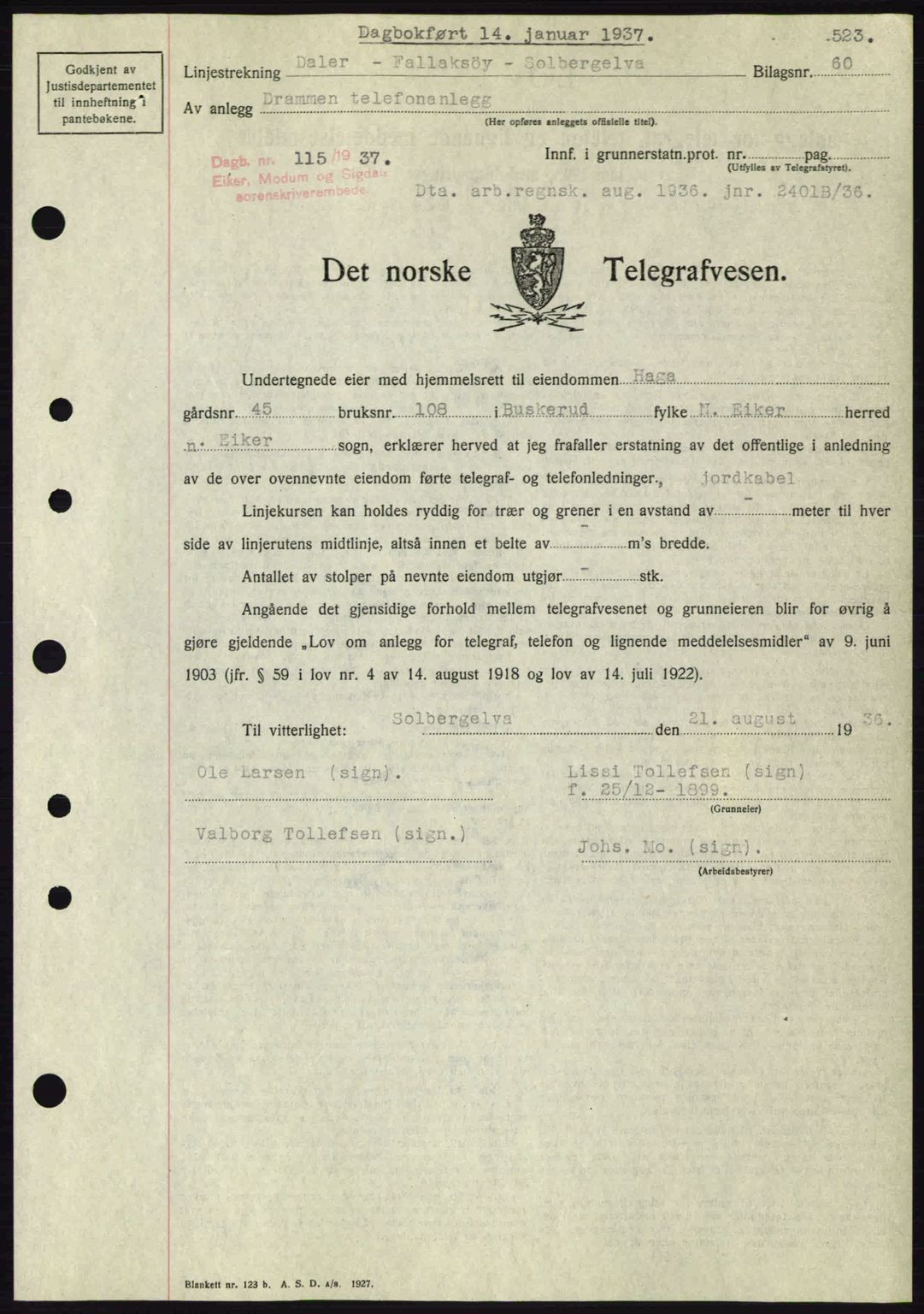Eiker, Modum og Sigdal sorenskriveri, SAKO/A-123/G/Ga/Gab/L0034: Pantebok nr. A4, 1936-1937, Dagboknr: 115/1937