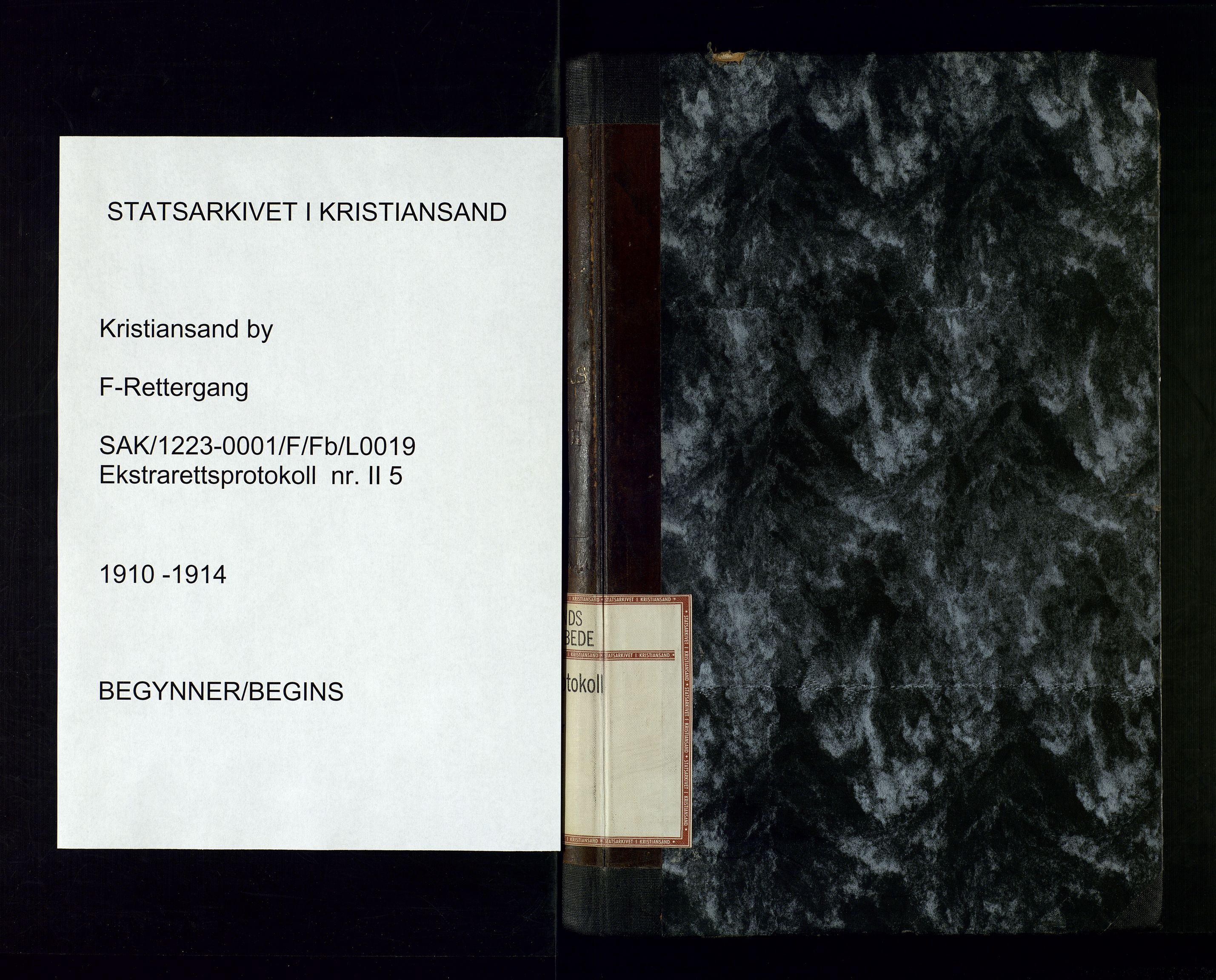 Kristiansand byrett, SAK/1223-0001/F/Fb/L0019: Ekstrarettsprotokoll nr. 5 serie II med register, 1910-1914
