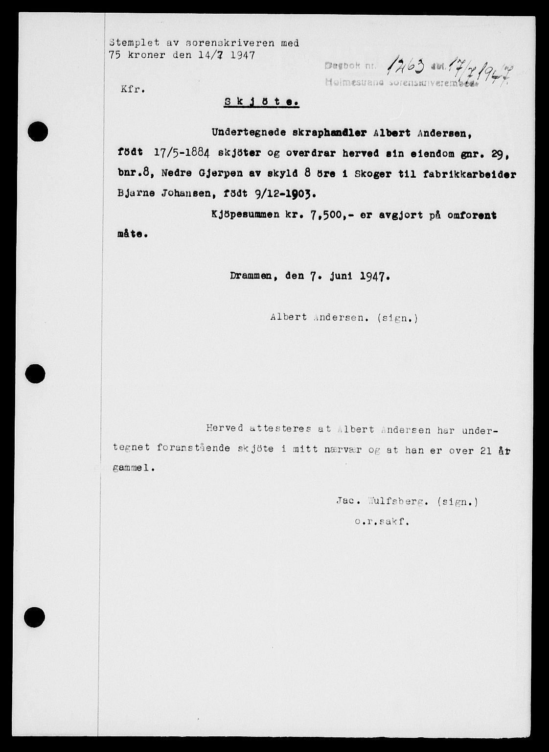Holmestrand sorenskriveri, SAKO/A-67/G/Ga/Gaa/L0062: Pantebok nr. A-62, 1947-1947, Dagboknr: 1263/1947