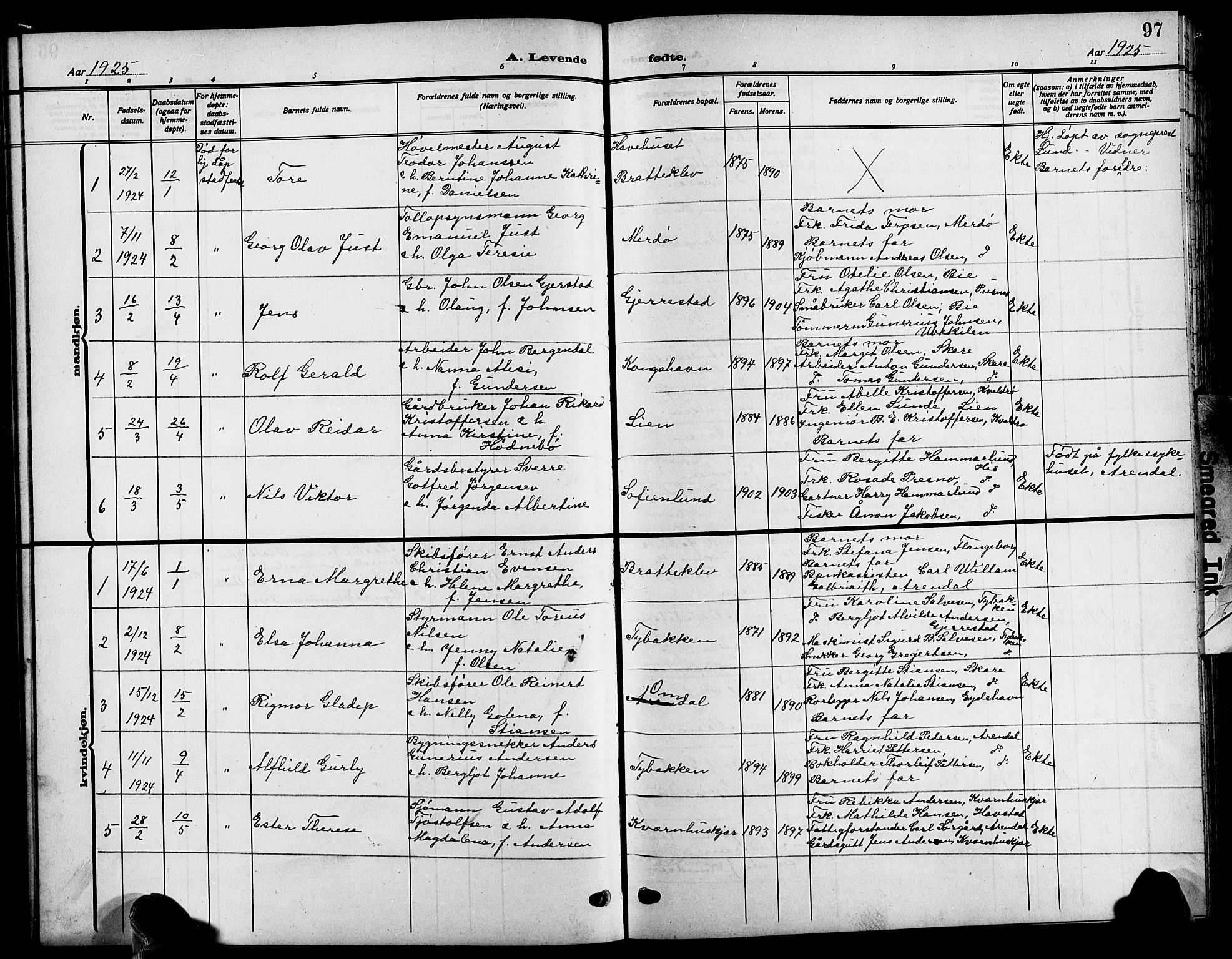 Tromøy sokneprestkontor, AV/SAK-1111-0041/F/Fb/L0007: Klokkerbok nr. B 7, 1908-1925, s. 97