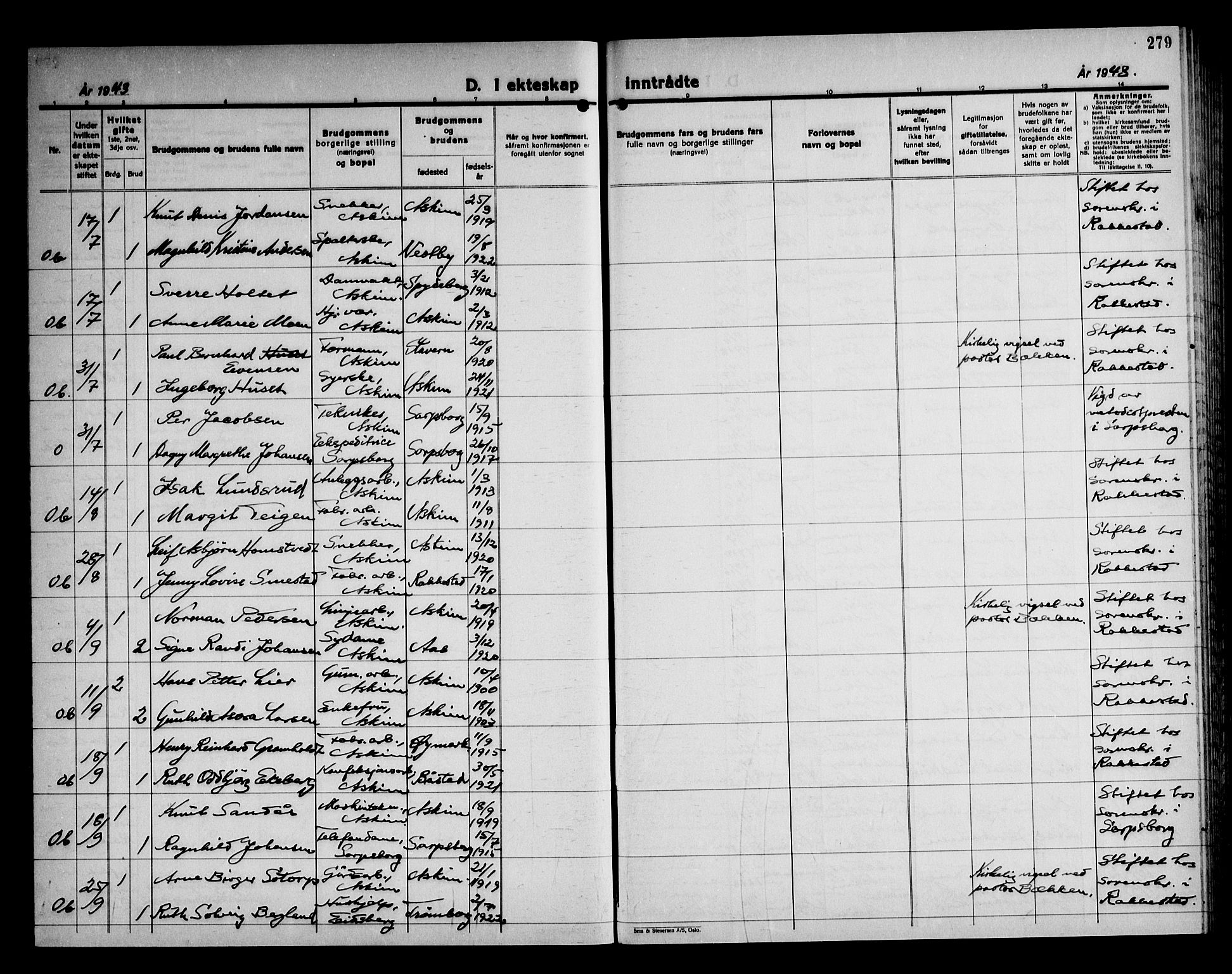 Askim prestekontor Kirkebøker, AV/SAO-A-10900/G/Ga/L0004: Klokkerbok nr. 4, 1938-1947, s. 279