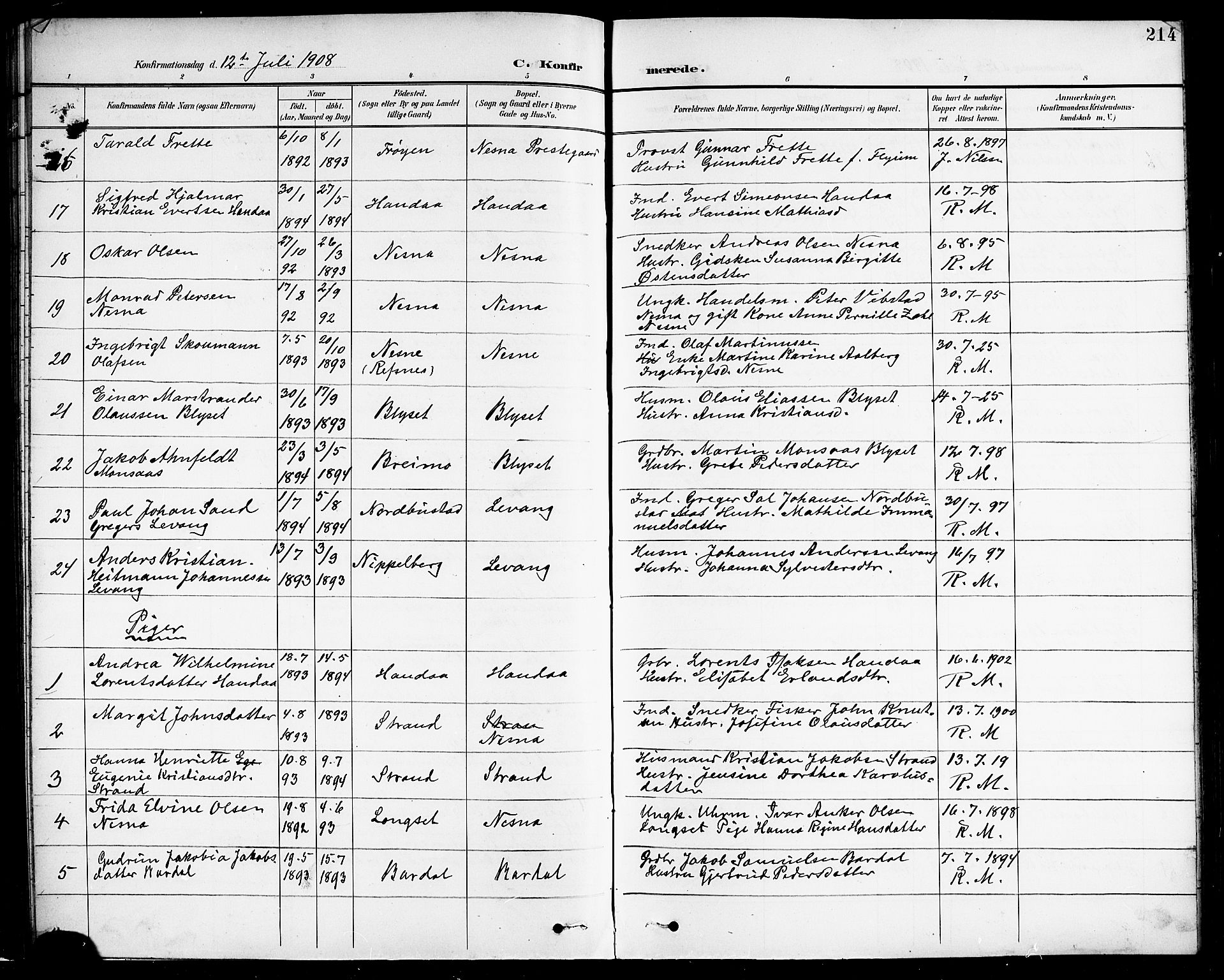 Ministerialprotokoller, klokkerbøker og fødselsregistre - Nordland, SAT/A-1459/838/L0559: Klokkerbok nr. 838C06, 1893-1910, s. 214