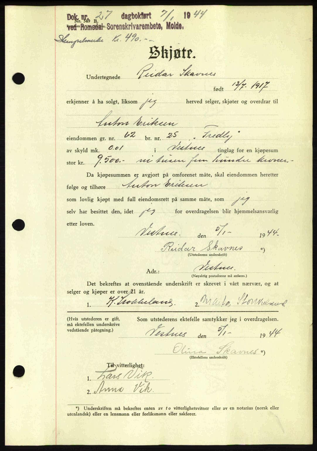 Romsdal sorenskriveri, AV/SAT-A-4149/1/2/2C: Pantebok nr. A15, 1943-1944, Dagboknr: 27/1944