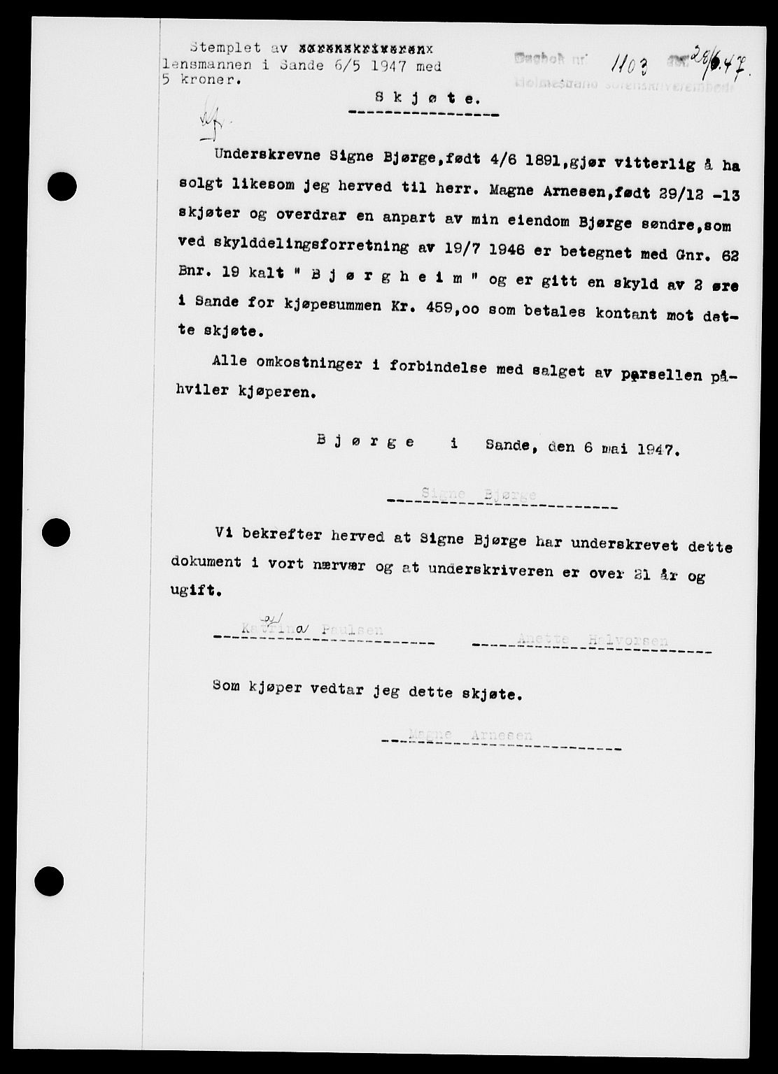 Holmestrand sorenskriveri, SAKO/A-67/G/Ga/Gaa/L0062: Pantebok nr. A-62, 1947-1947, Dagboknr: 1103/1947