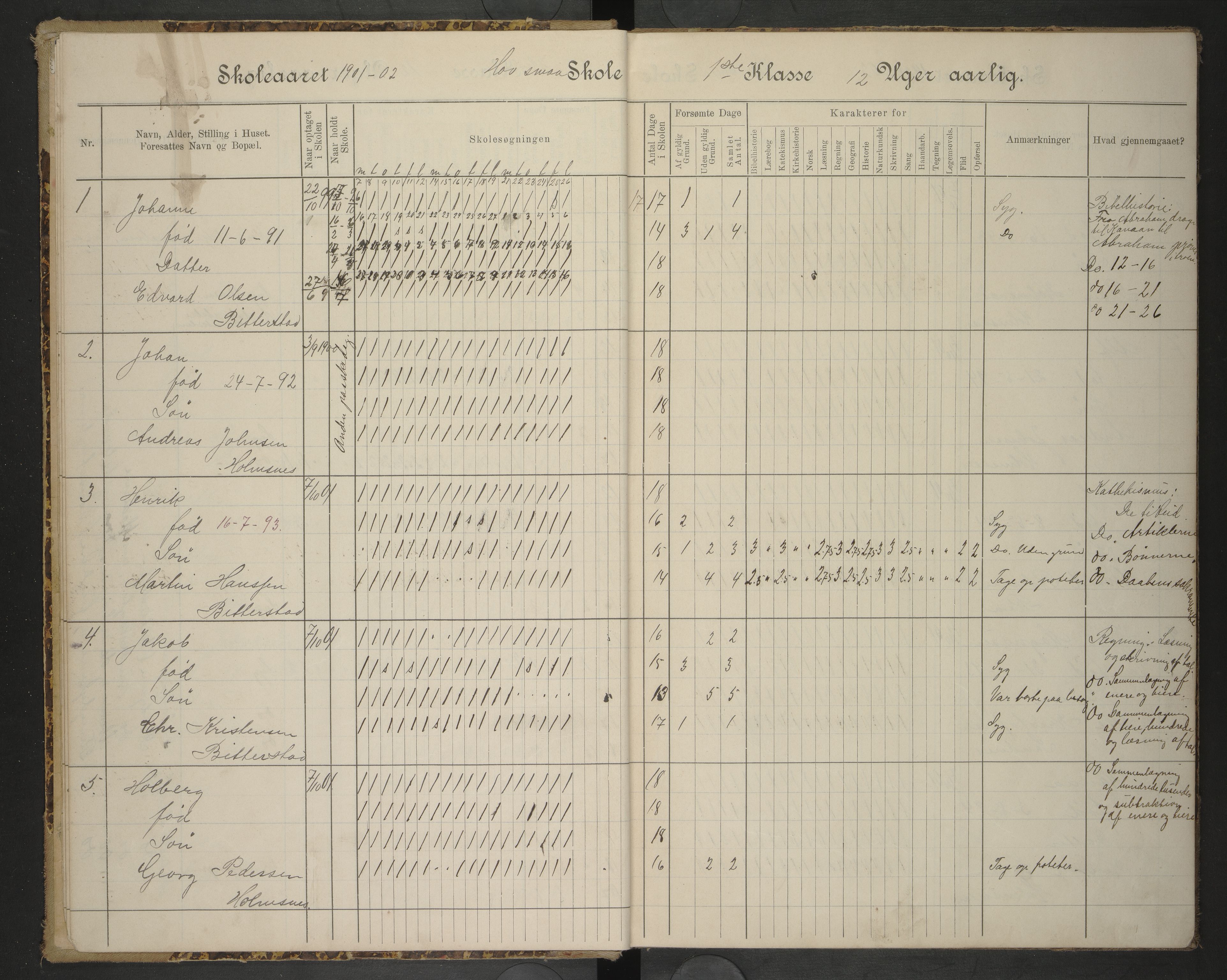 Hadsel kommune. Ymse skolekretser , AIN/K-18660.510.57/F/Fb/L0008: Skoleprotokoll Hov og Haukenes skoler, 1901-1908