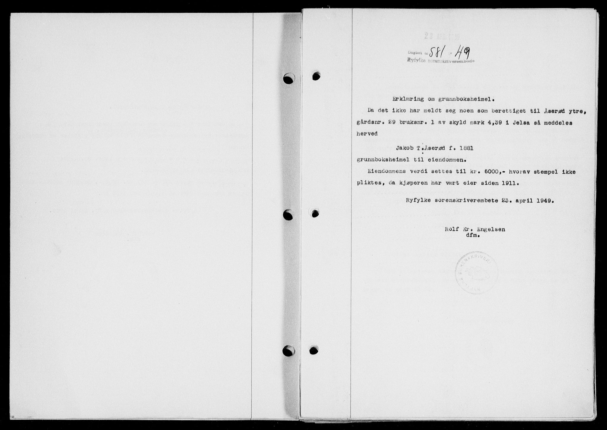 Ryfylke tingrett, SAST/A-100055/001/II/IIB/L0104: Pantebok nr. 83, 1948-1949, Dagboknr: 581/1949
