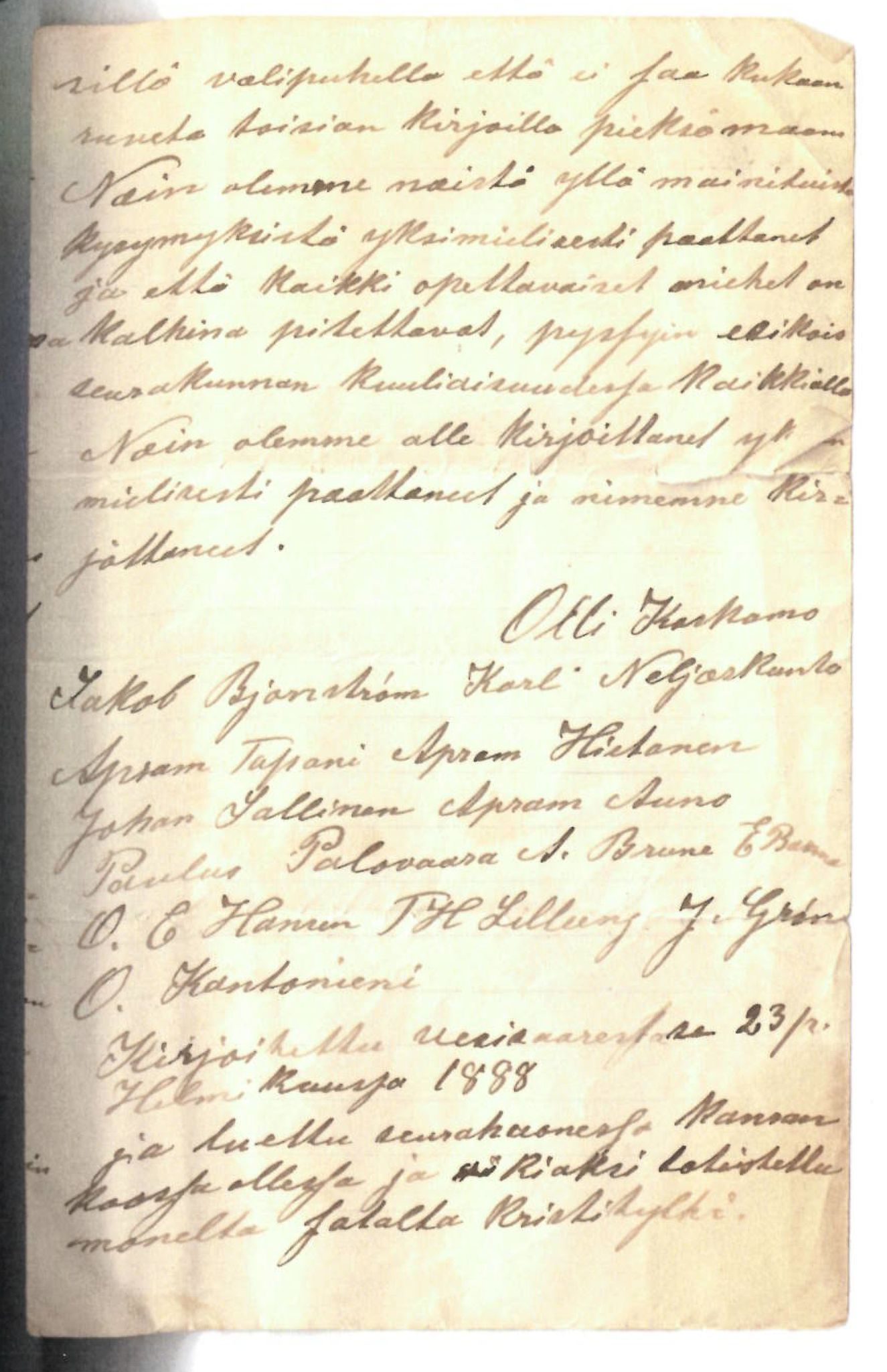 Elise Balos brevsamling, FMFB/A-1082/F/Fa/L0007: “Kirje Norjasta” (Brev fra Norge) fra Koskamo et al. til A. Hietanen og A. Tapani (?), 1888