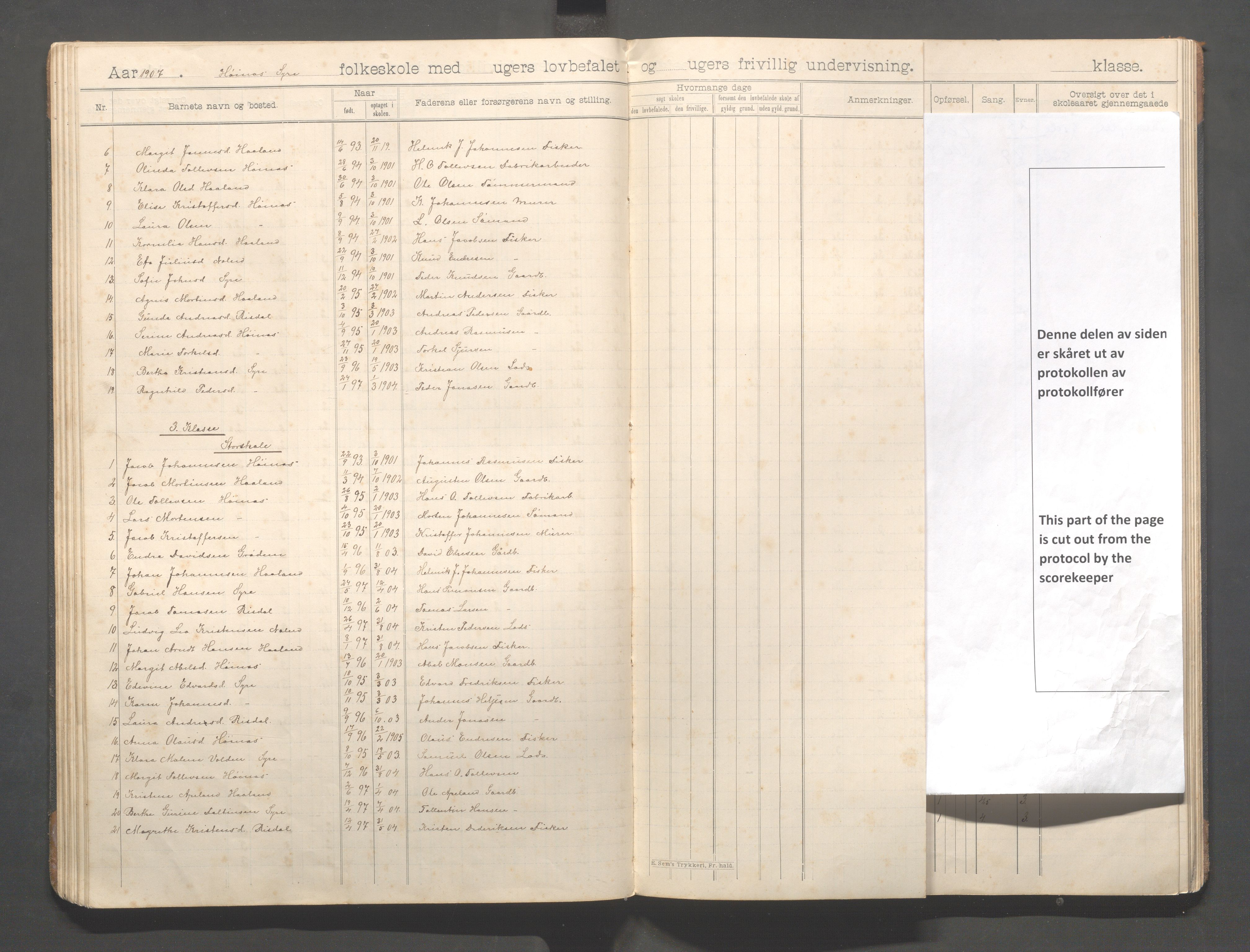 Skudenes kommune - Syre - Høynes skole, IKAR/A-307/H/L0006: Skoleprotokoll - Syre - Høynes 3.-5.kl., 1900-1916, s. 43