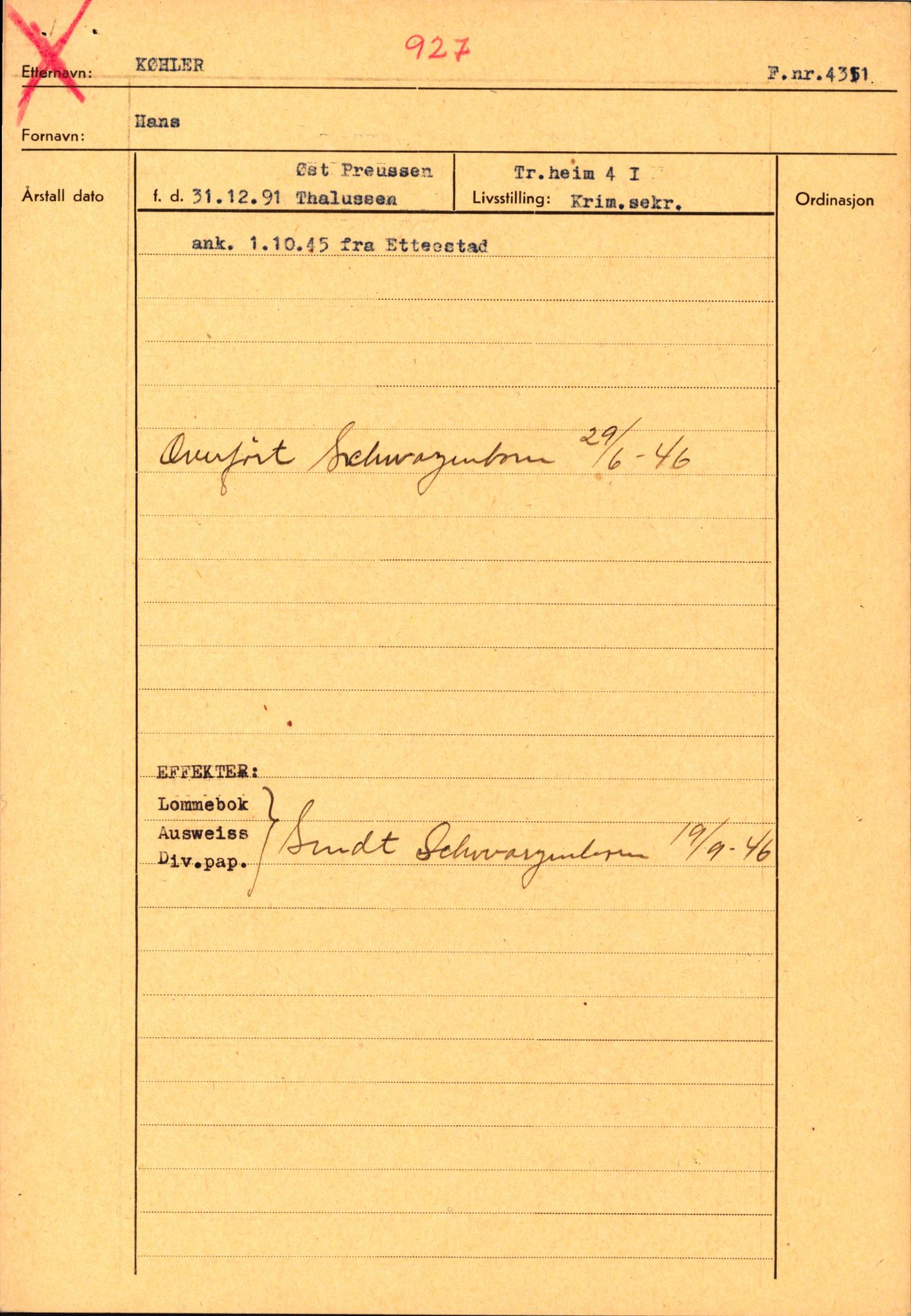 Forsvaret, Forsvarets overkommando II, AV/RA-RAFA-3915/D/Db/L0019: CI Questionaires. Tyske okkupasjonsstyrker i Norge. Tyskere., 1945-1946, s. 153