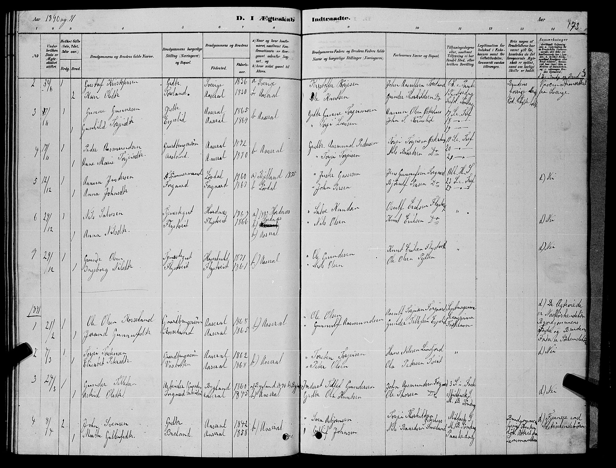 Åseral sokneprestkontor, AV/SAK-1111-0051/F/Fb/L0002: Klokkerbok nr. B 2, 1878-1899, s. 173