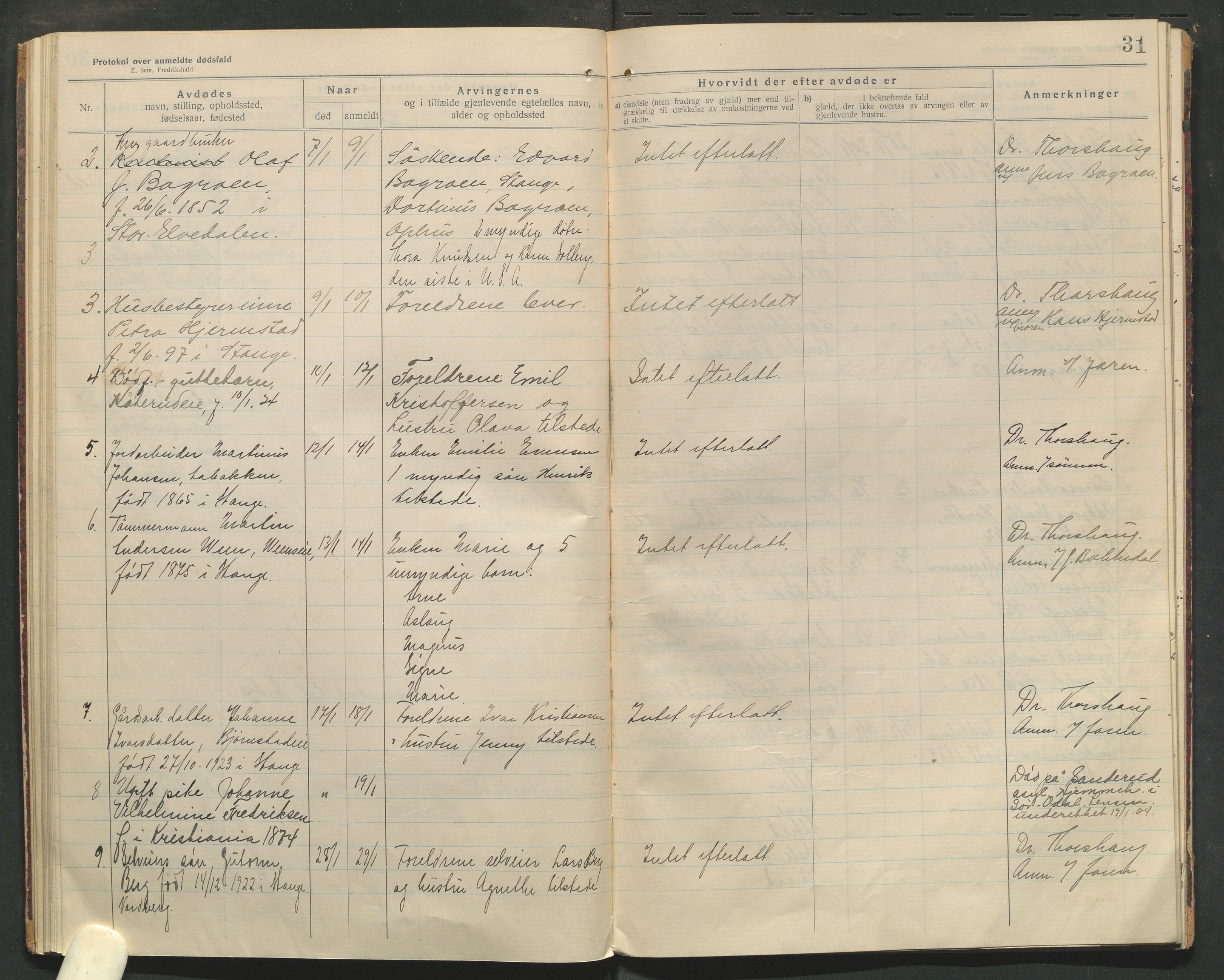 Stange lensmannskontor, SAH/LHS-020/H/Ha/Haa/L0001/0004: Dødsfallsprotokoller / Dødsfallsprotokoll, 1921-1925, s. 31