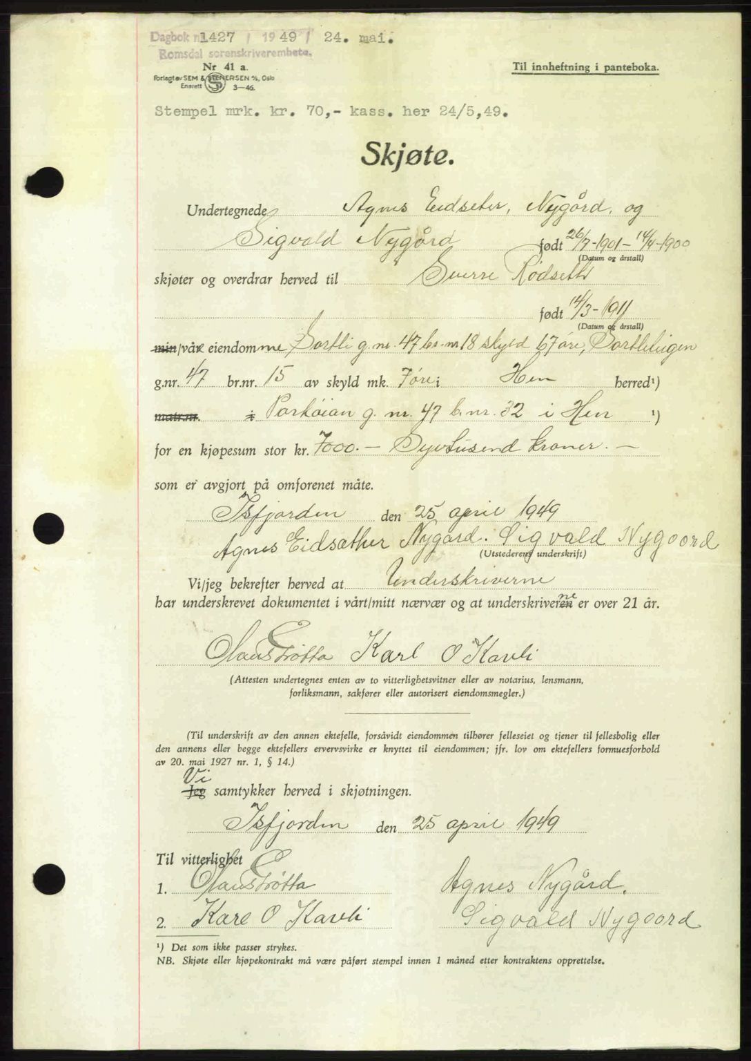 Romsdal sorenskriveri, AV/SAT-A-4149/1/2/2C: Pantebok nr. A29, 1949-1949, Dagboknr: 1427/1949