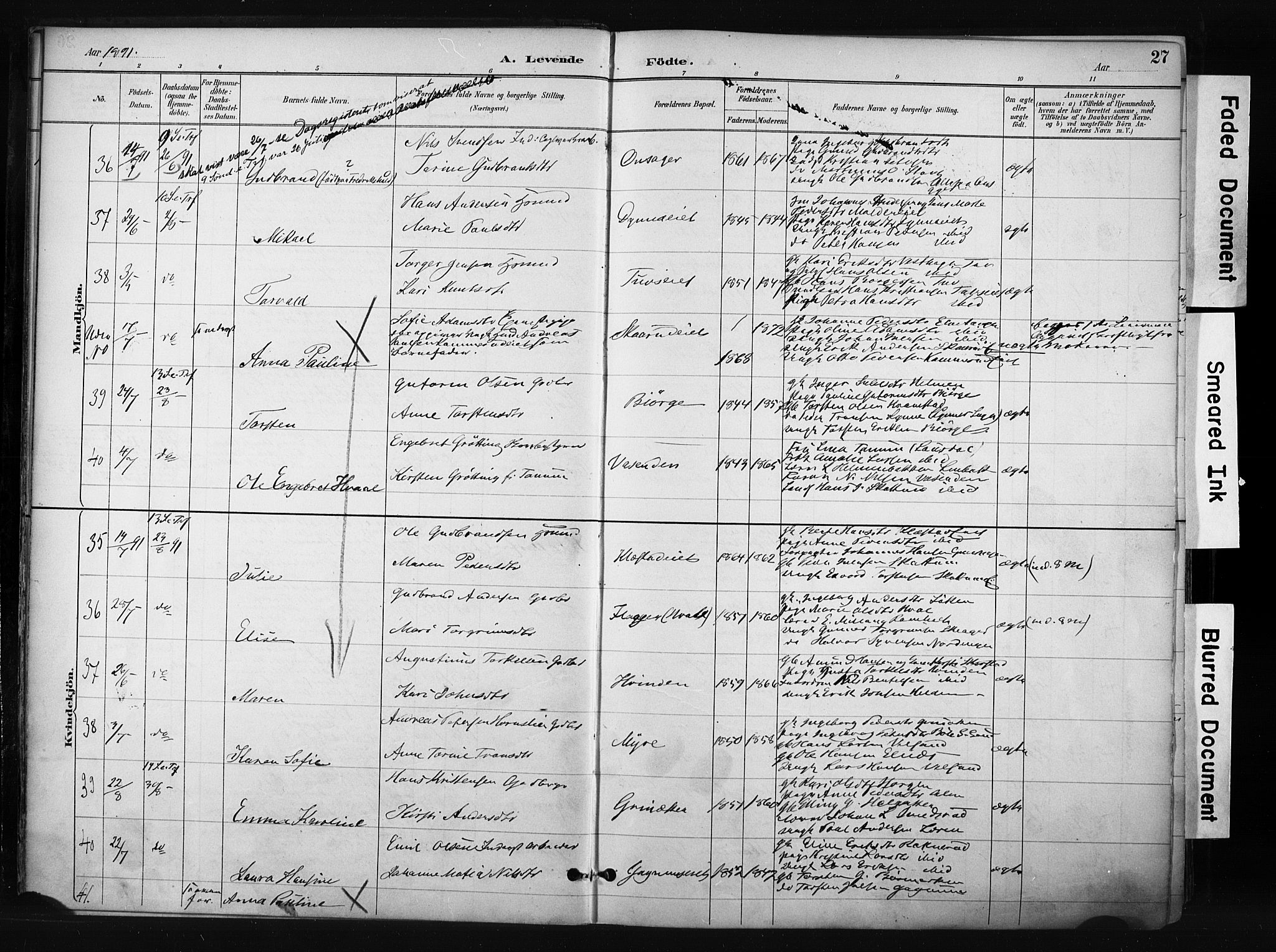 Gran prestekontor, AV/SAH-PREST-112/H/Ha/Haa/L0017: Ministerialbok nr. 17, 1889-1897, s. 27