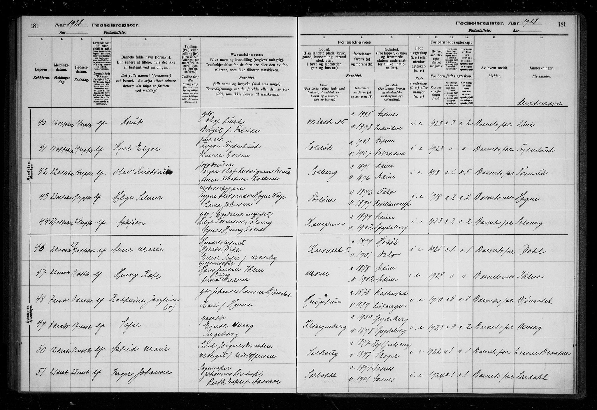 Askim prestekontor Kirkebøker, AV/SAO-A-10900/J/Ja/L0001: Fødselsregister nr. 1, 1916-1929, s. 181