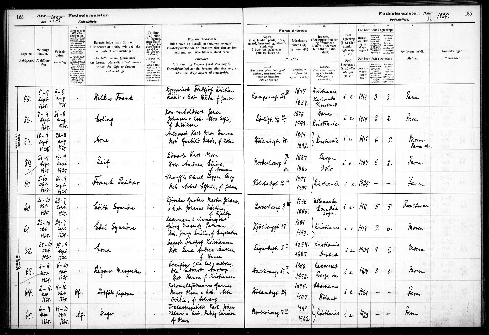 Kampen prestekontor Kirkebøker, AV/SAO-A-10853/J/Ja/L0002: Fødselsregister nr. 2, 1920-1935, s. 125