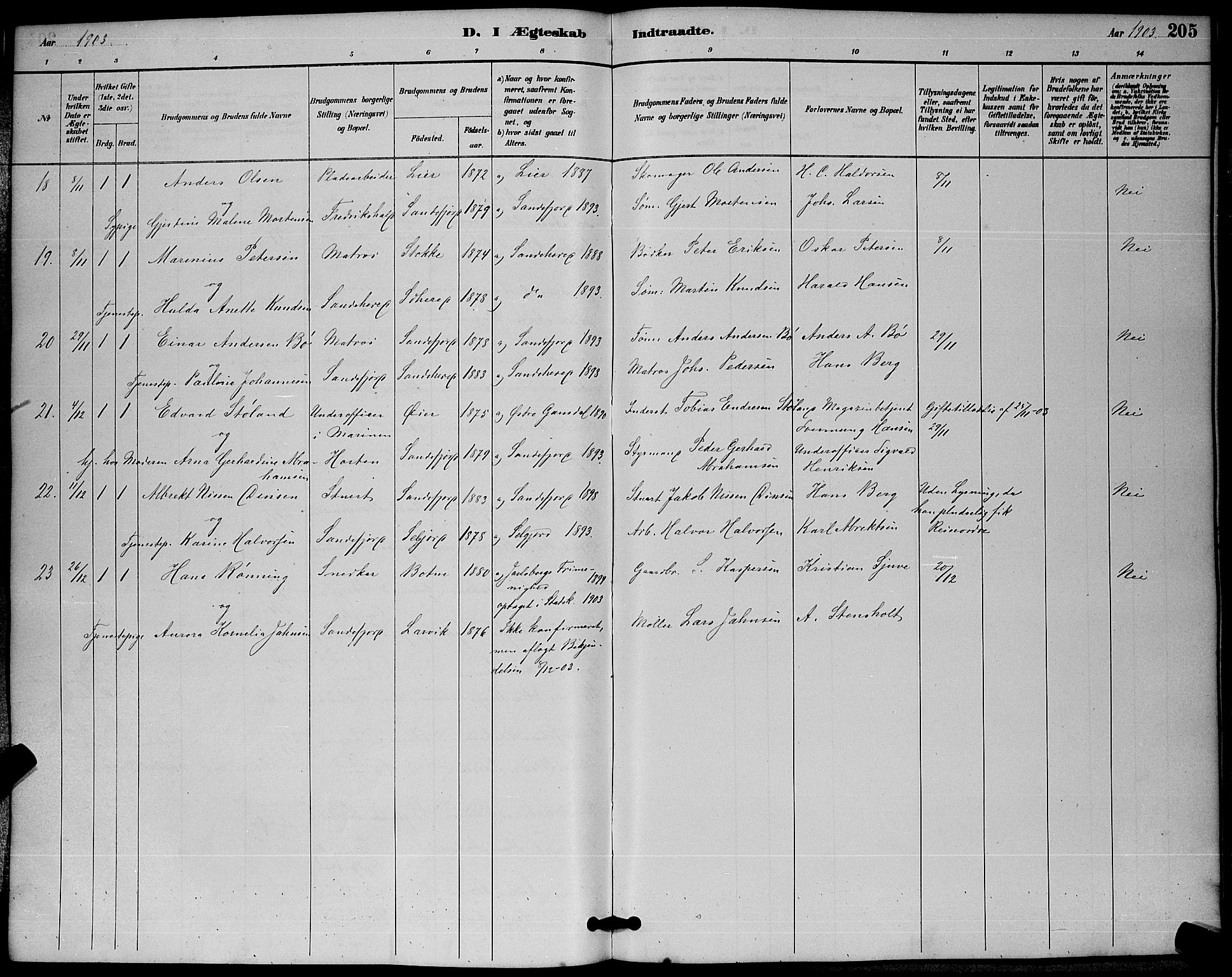 Sandefjord kirkebøker, AV/SAKO-A-315/G/Ga/L0001: Klokkerbok nr. 1, 1885-1903, s. 205