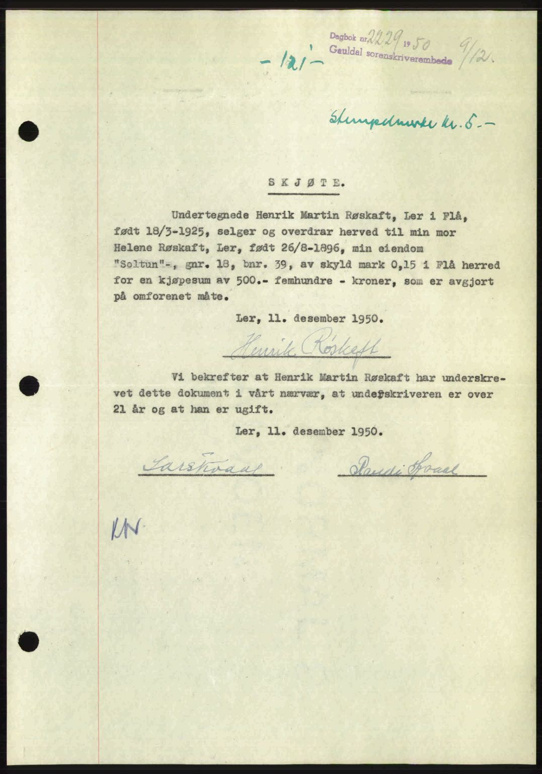 Gauldal sorenskriveri, SAT/A-0014/1/2/2C: Pantebok nr. A11, 1950-1950, Dagboknr: 2229/1950