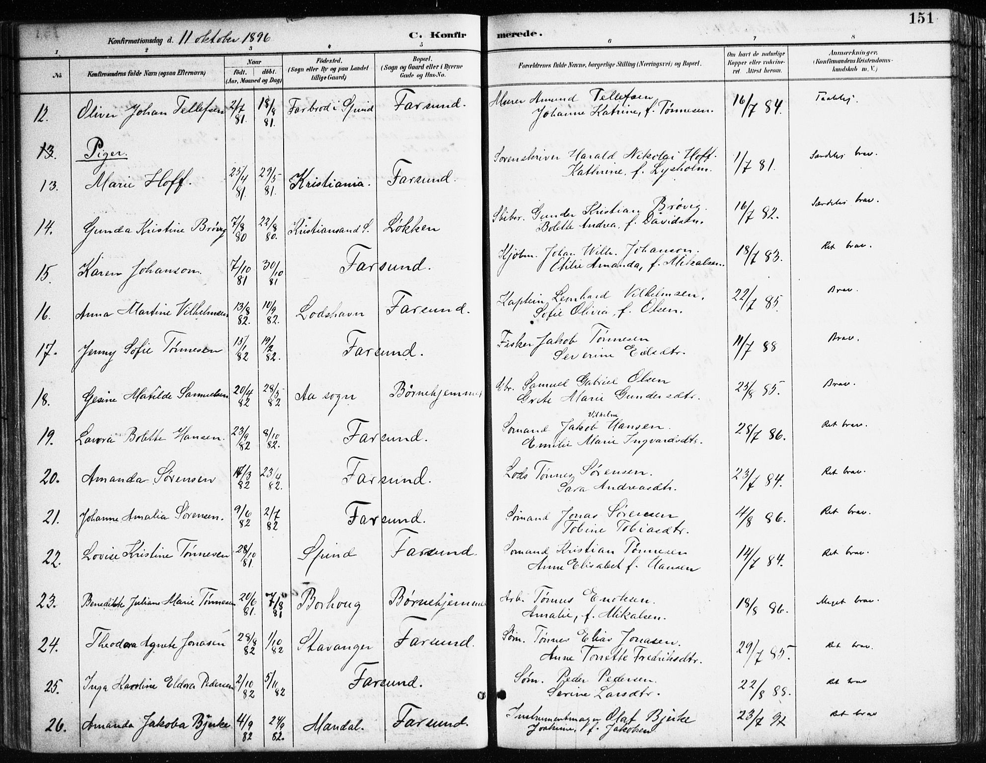Farsund sokneprestkontor, AV/SAK-1111-0009/F/Fa/L0006: Ministerialbok nr. A 6, 1887-1920, s. 151