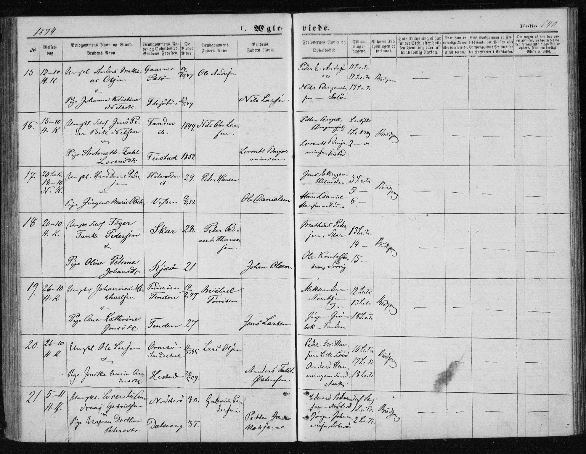 Ministerialprotokoller, klokkerbøker og fødselsregistre - Nordland, AV/SAT-A-1459/834/L0506: Ministerialbok nr. 834A04, 1872-1878, s. 140