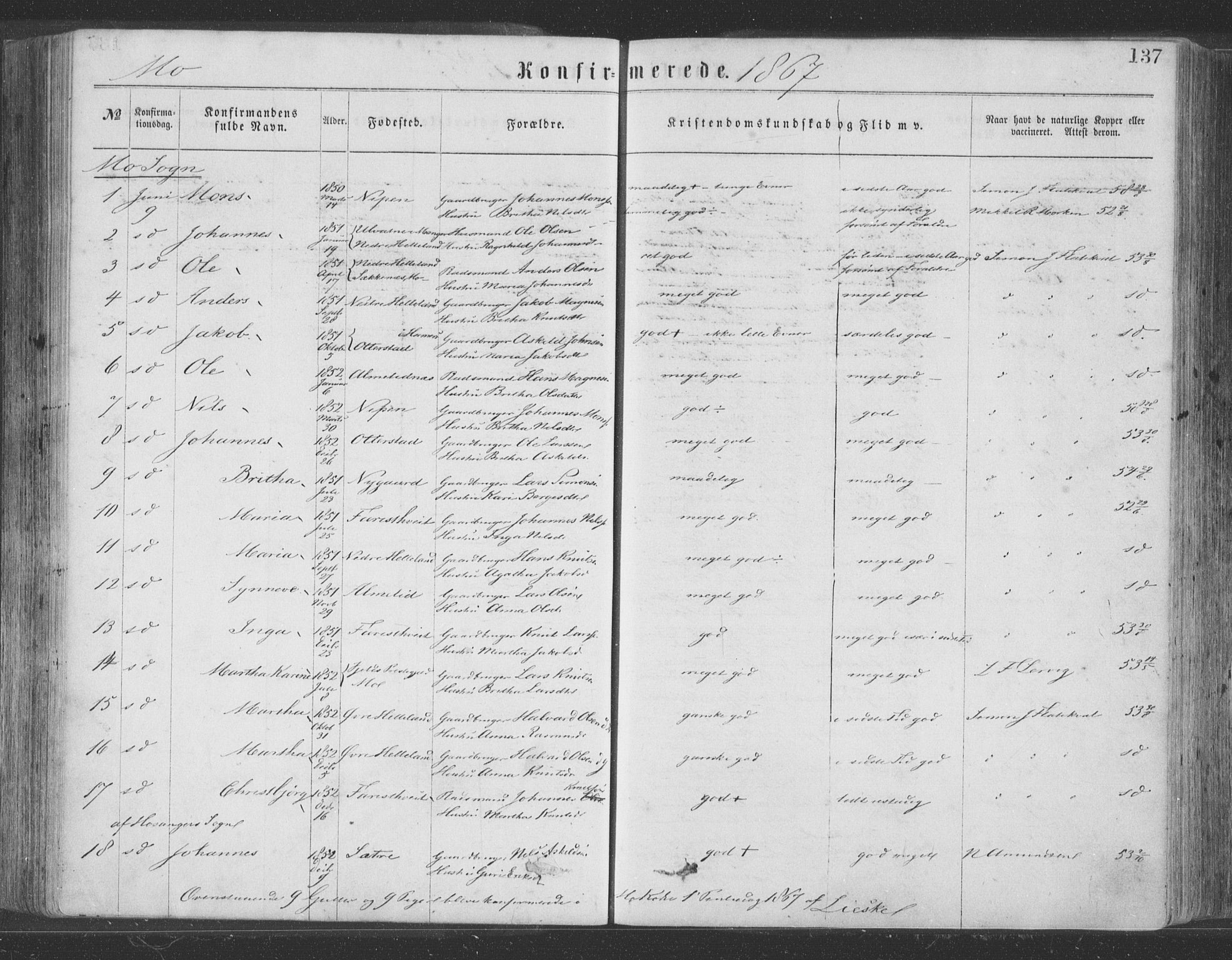 Hosanger sokneprestembete, AV/SAB-A-75801/H/Haa: Ministerialbok nr. A 9, 1864-1876, s. 137