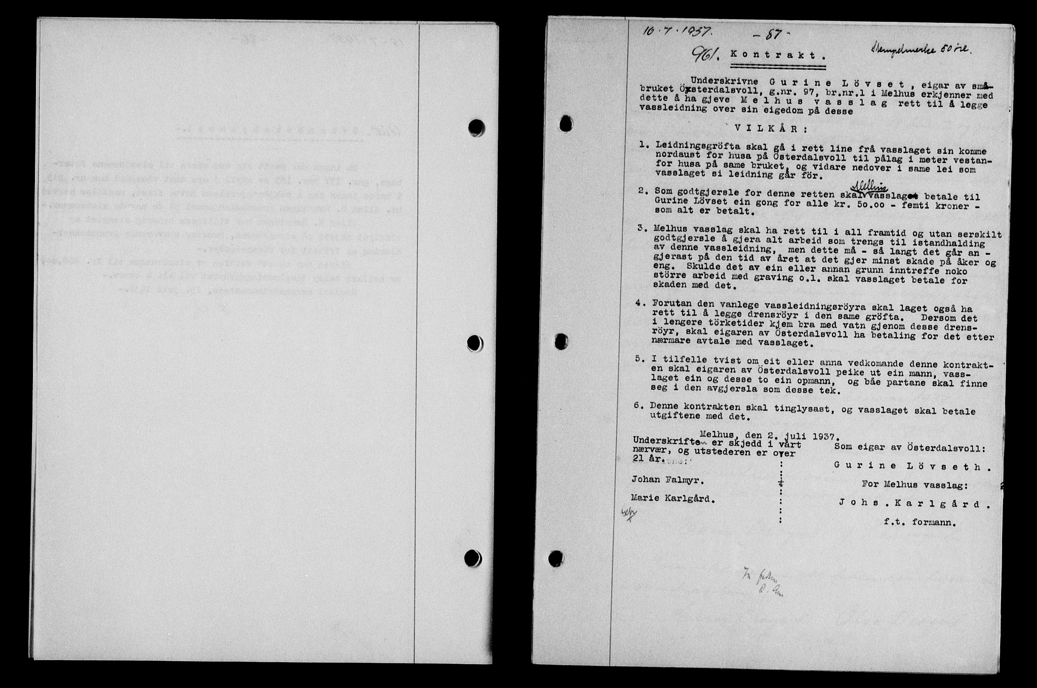 Gauldal sorenskriveri, SAT/A-0014/1/2/2C/L0047: Pantebok nr. 50-51, 1937-1937, Dagboknr: 961/1937