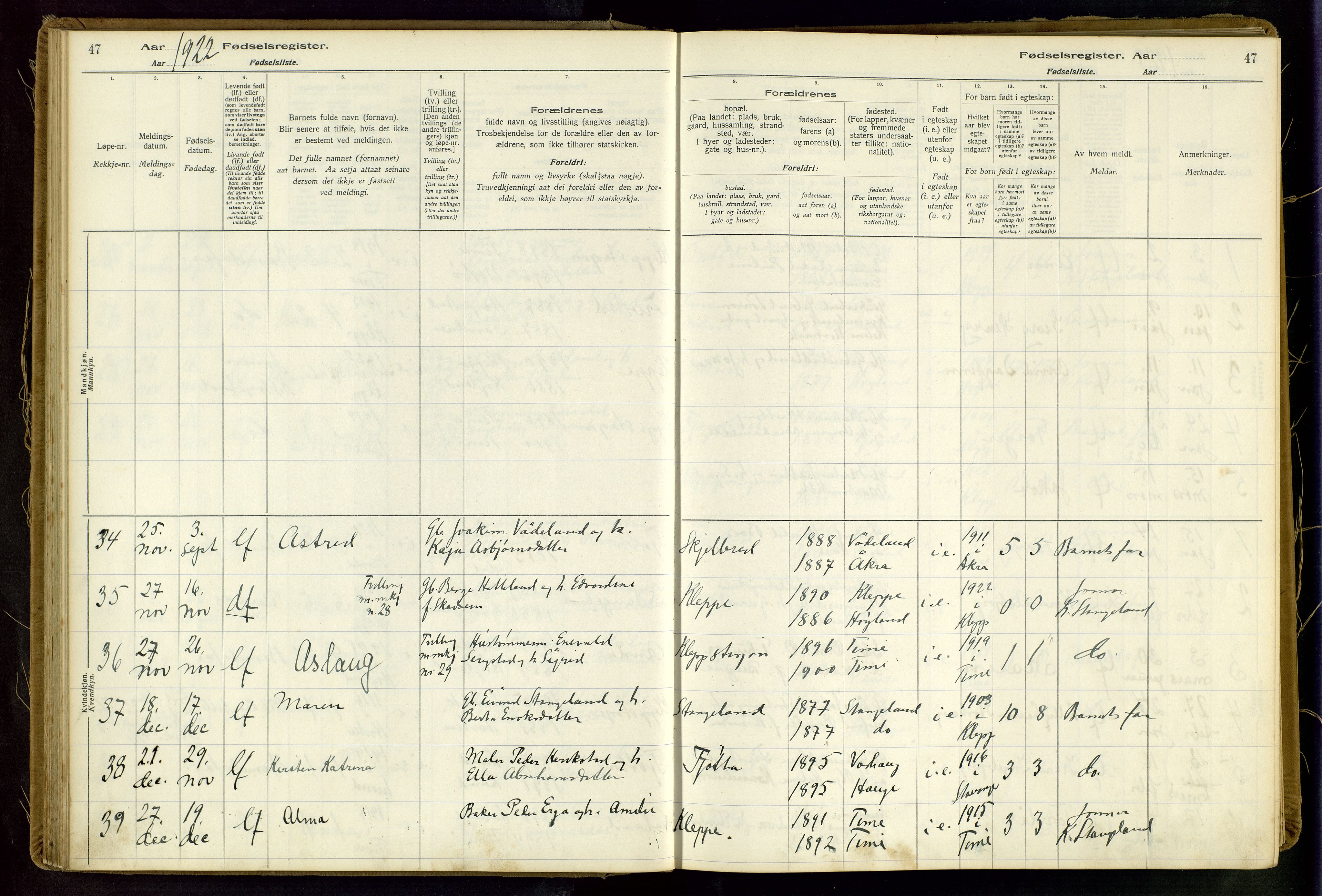 Klepp sokneprestkontor, AV/SAST-A-101803/001/704BAA/L0001: Fødselsregister nr. 1, 1916-1948, s. 47