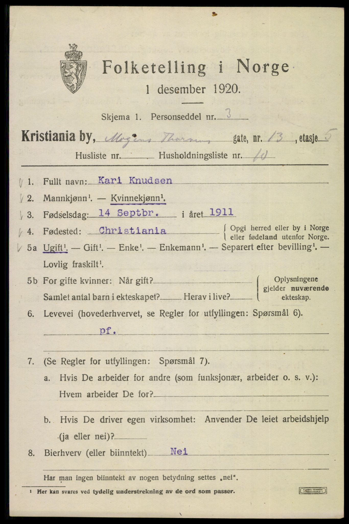 SAO, Folketelling 1920 for 0301 Kristiania kjøpstad, 1920, s. 396521