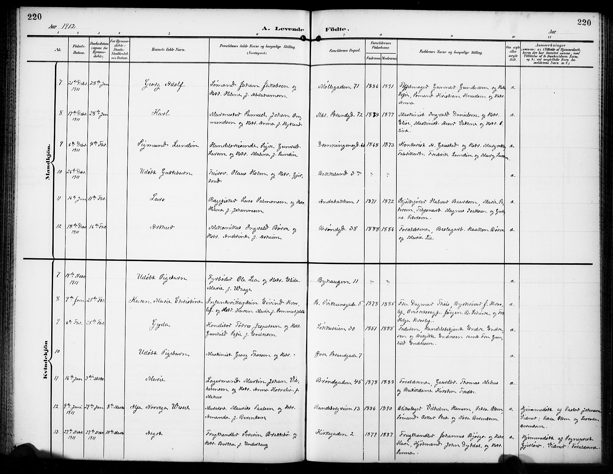 Domkirken sokneprestkontor, AV/SAST-A-101812/001/30/30BB/L0018: Klokkerbok nr. B 18, 1903-1915, s. 220