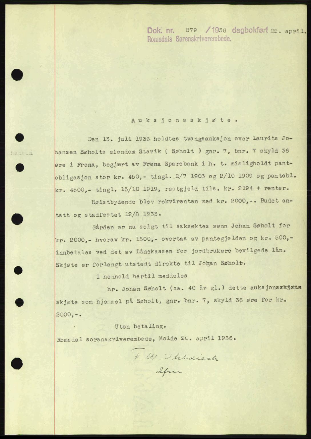 Romsdal sorenskriveri, SAT/A-4149/1/2/2C: Pantebok nr. A1, 1936-1936, Dagboknr: 879/1936