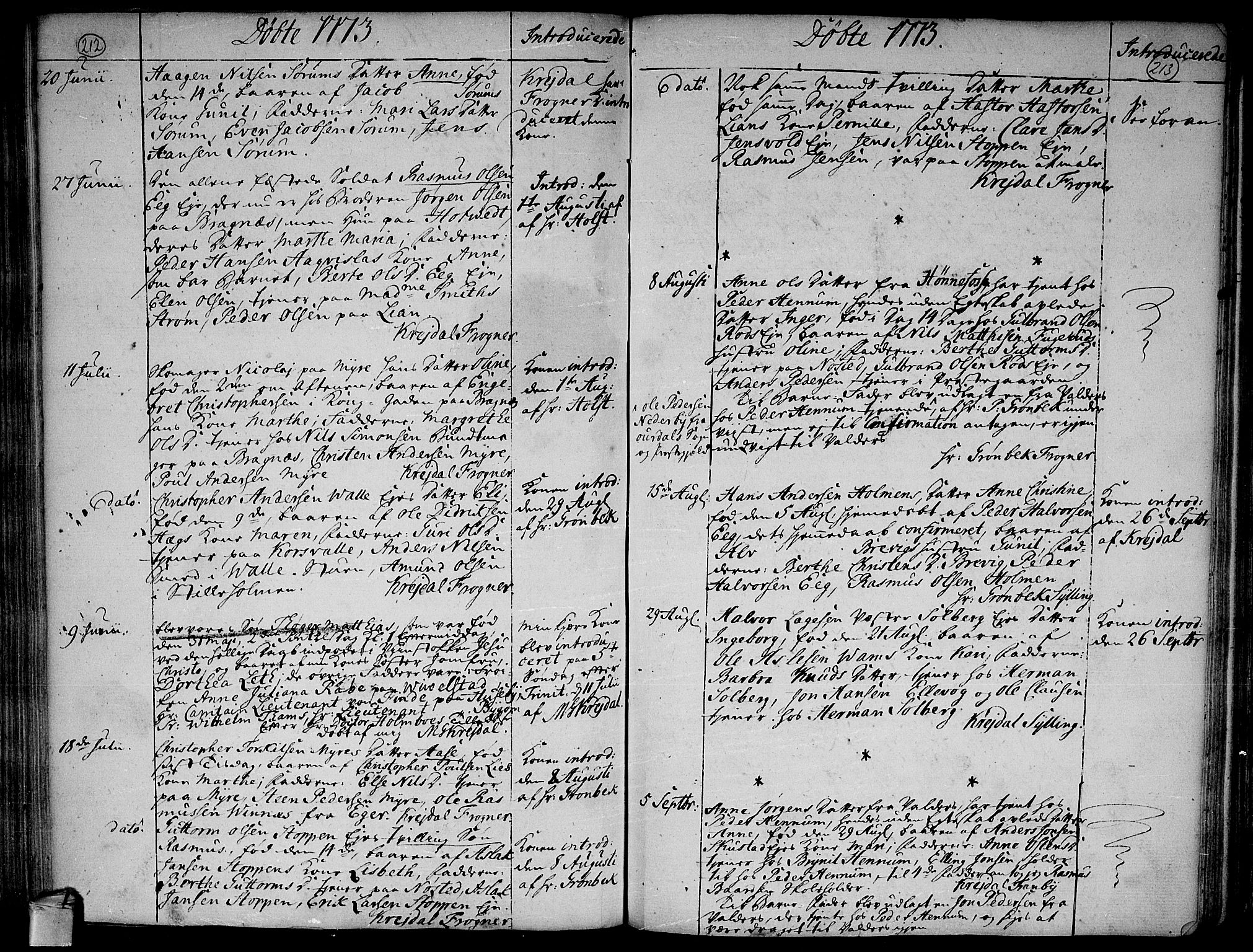 Lier kirkebøker, AV/SAKO-A-230/F/Fa/L0005: Ministerialbok nr. I 5, 1764-1777, s. 212-213
