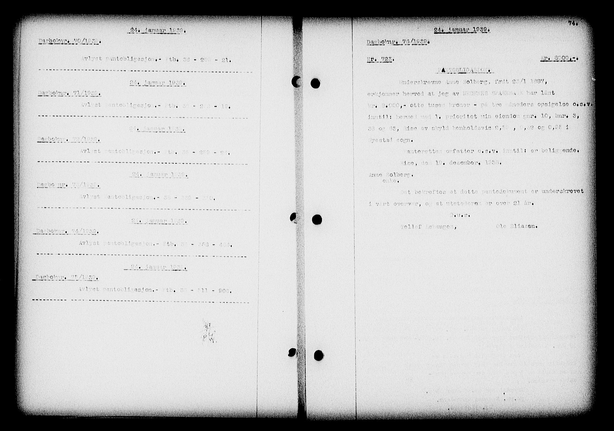 Nedenes sorenskriveri, SAK/1221-0006/G/Gb/Gba/L0046: Pantebok nr. 42, 1938-1939, Dagboknr: 76/1939