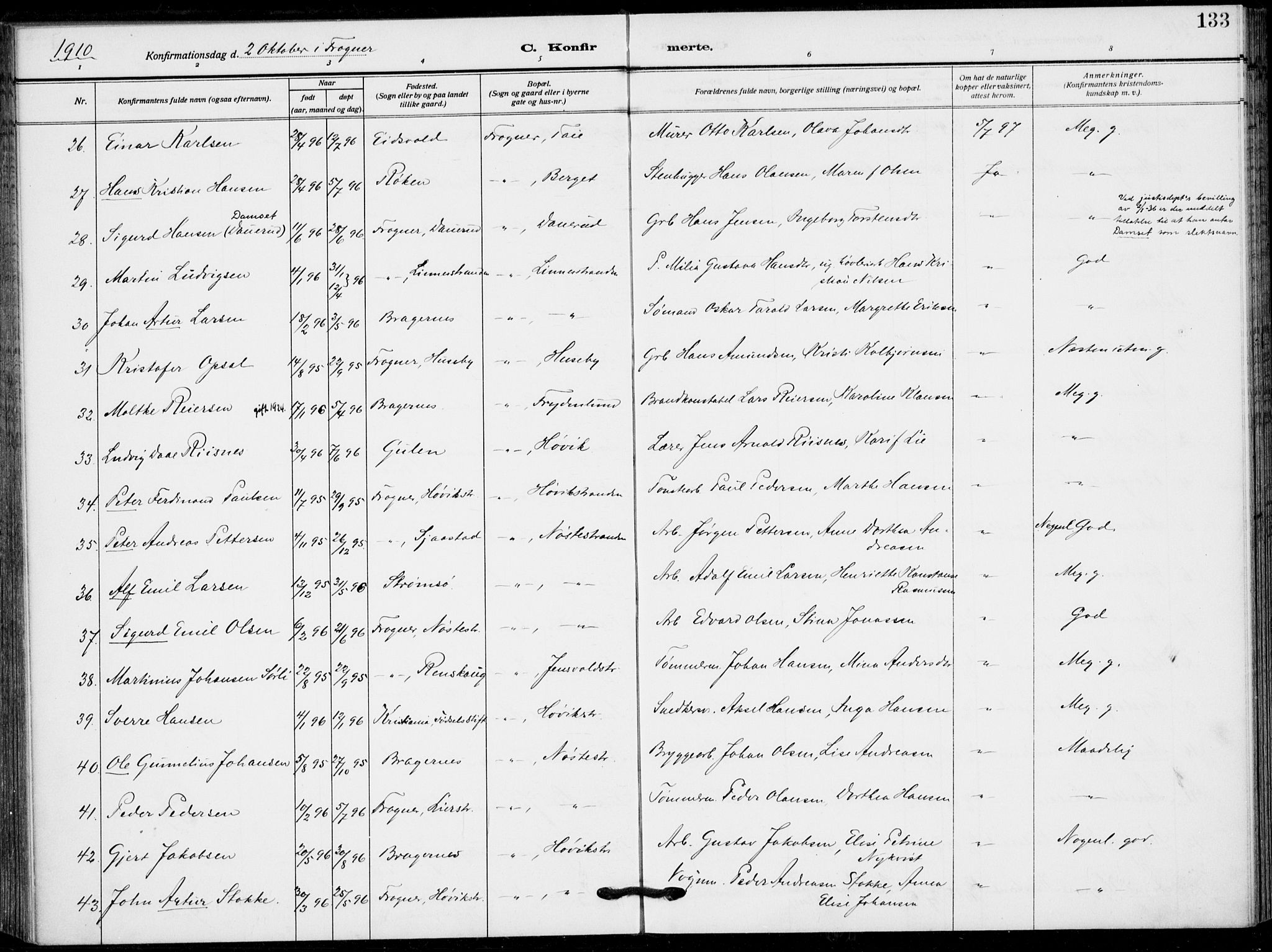 Lier kirkebøker, AV/SAKO-A-230/F/Fa/L0018: Ministerialbok nr. I 18, 1909-1917, s. 133