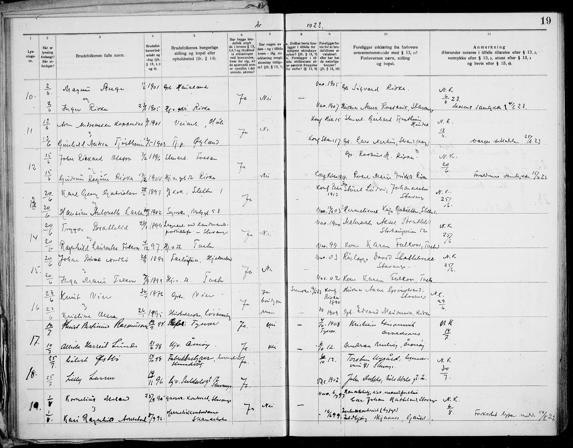 Hetland sokneprestkontor, AV/SAST-A-101826/70/705BA/L0006: Lysningsprotokoll nr. 705.BA.6, 1919-1939, s. 19