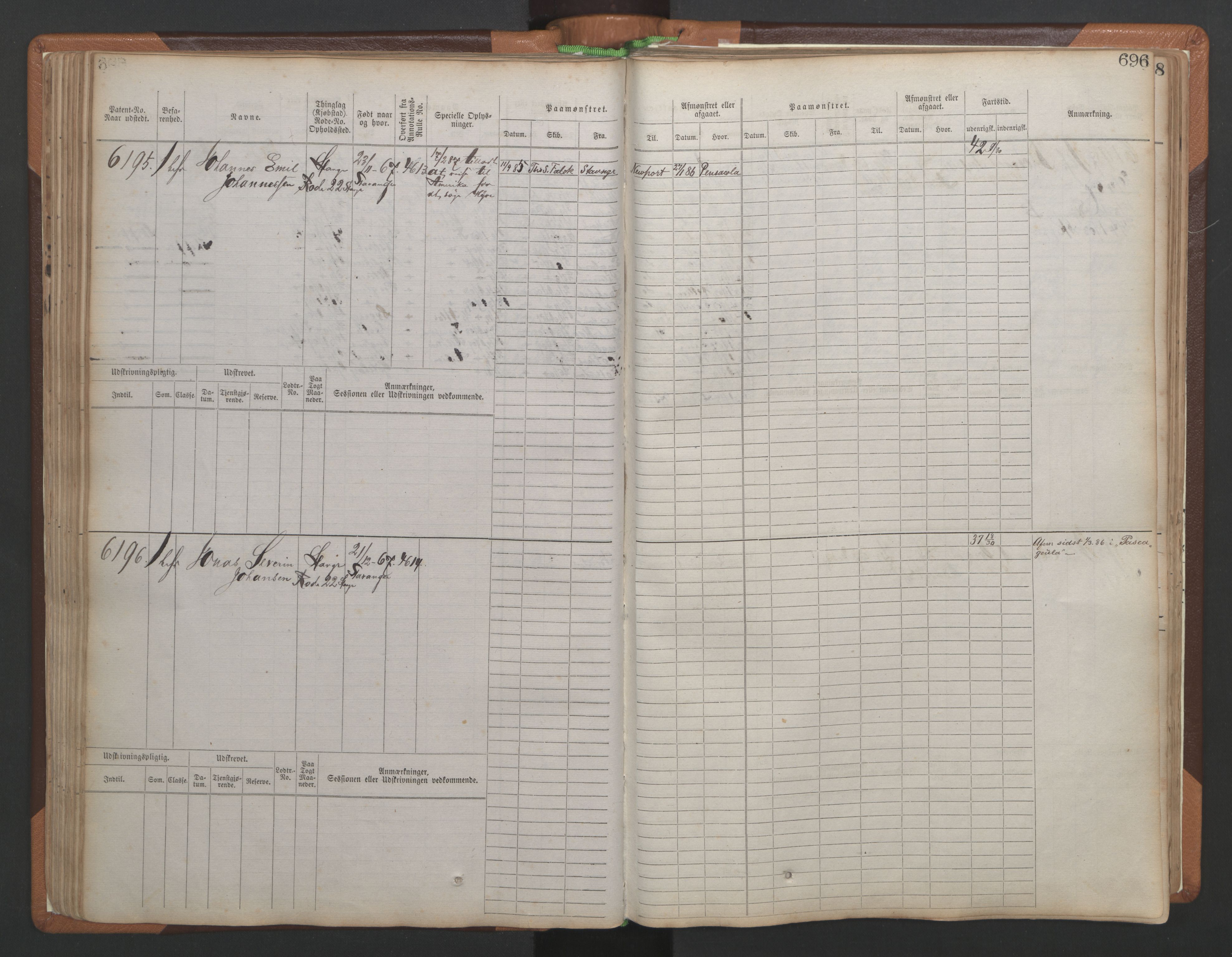 Stavanger sjømannskontor, AV/SAST-A-102006/F/Fb/Fbb/L0010: Sjøfartshovedrulle, patentnr. 6007-6606 (del 1), 1887-1896, s. 100