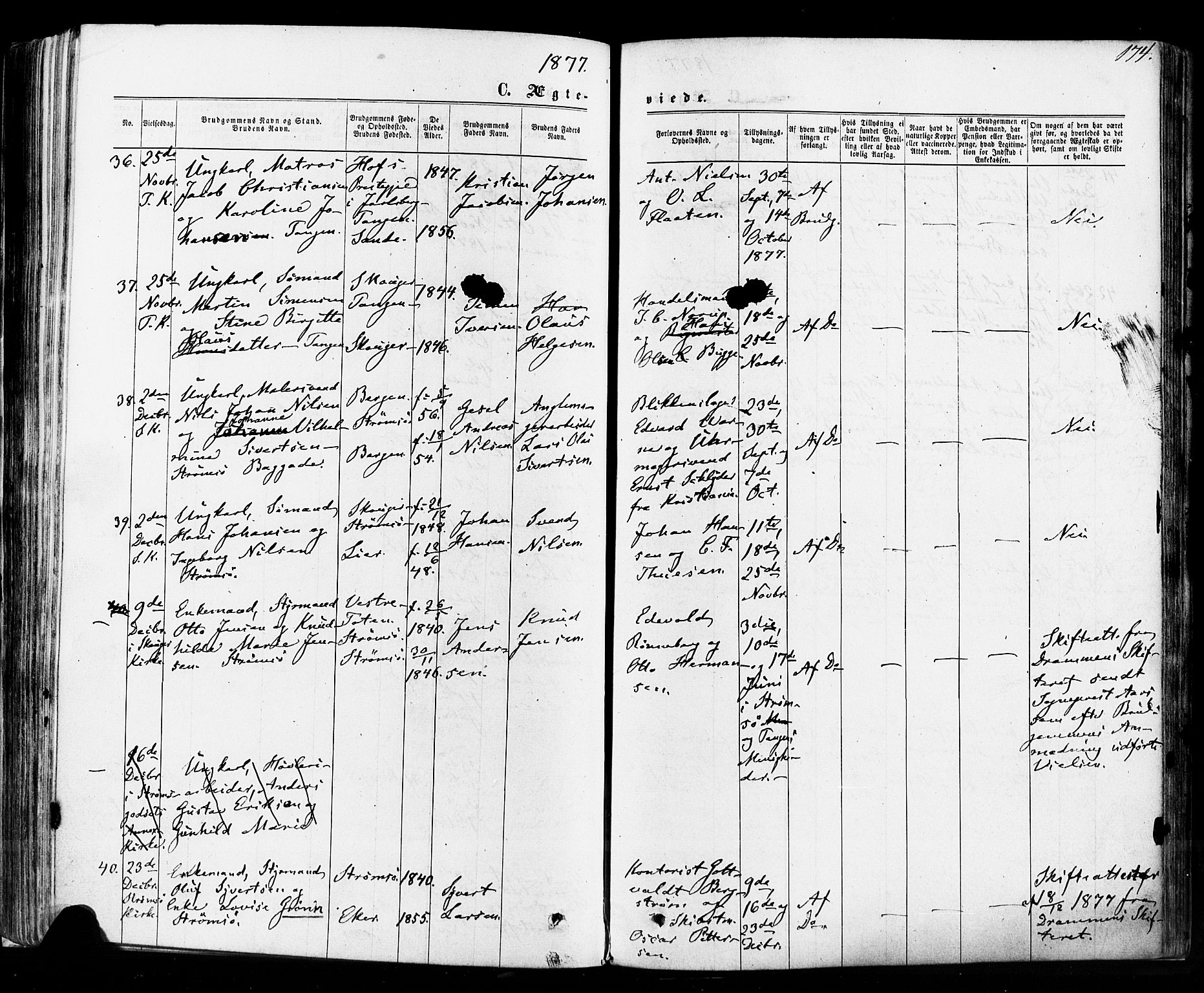 Strømsø kirkebøker, AV/SAKO-A-246/F/Fa/L0018: Ministerialbok nr. I 18, 1865-1878, s. 174