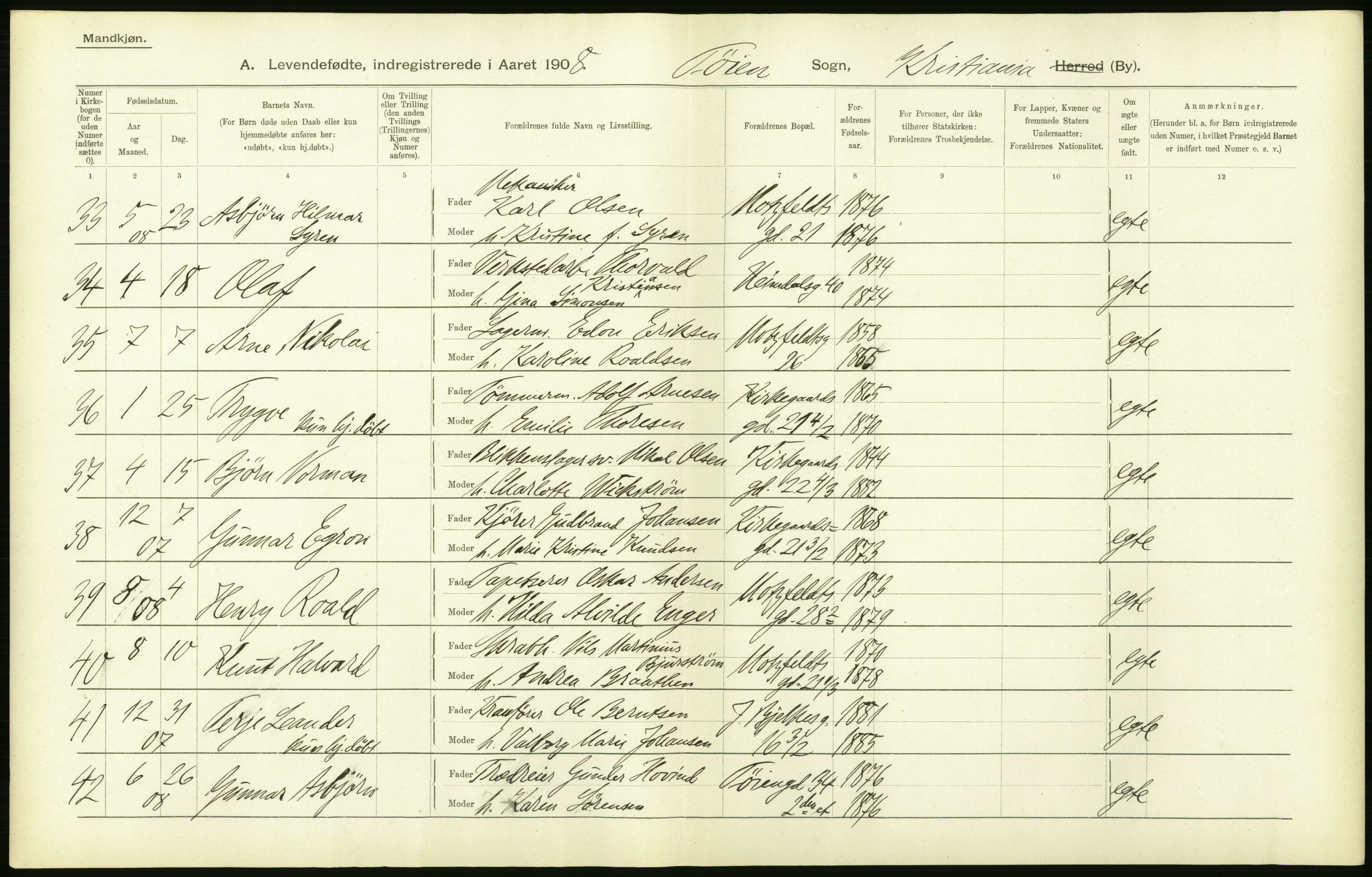 Statistisk sentralbyrå, Sosiodemografiske emner, Befolkning, AV/RA-S-2228/D/Df/Dfa/Dfaf/L0005: Kristiania: Levendefødte menn og kvinner., 1908, s. 36